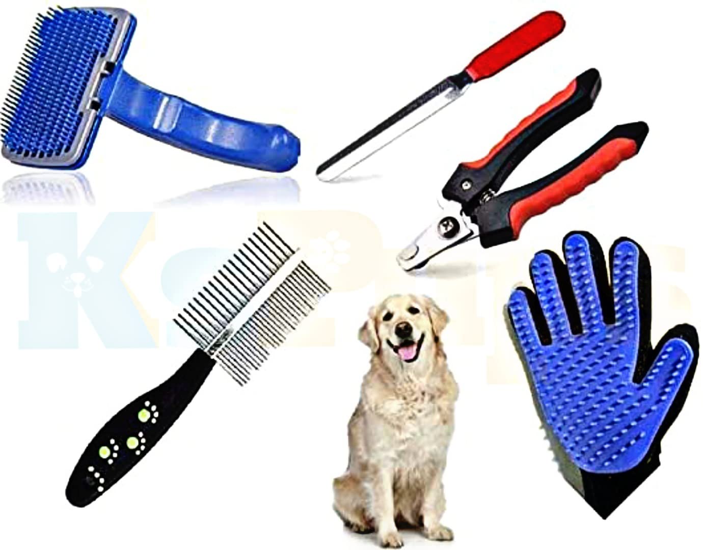 KsPups Imported Pet Slicker Brush + Hair Comb Double Side + Nail Clipper + Nail Grinder + Grooming Gloves Kit for All Pets Dog, 