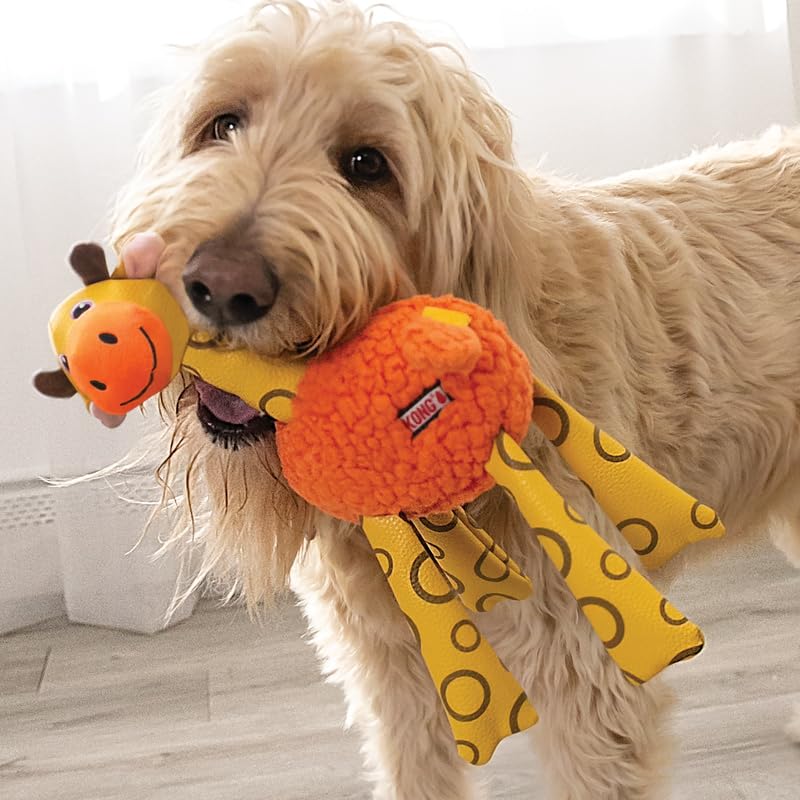 Kong Floofs Shakers - Fluffy Fleece With Squeaker And Faux Leather Legs - Dog Toy (Giraffe, Medium)