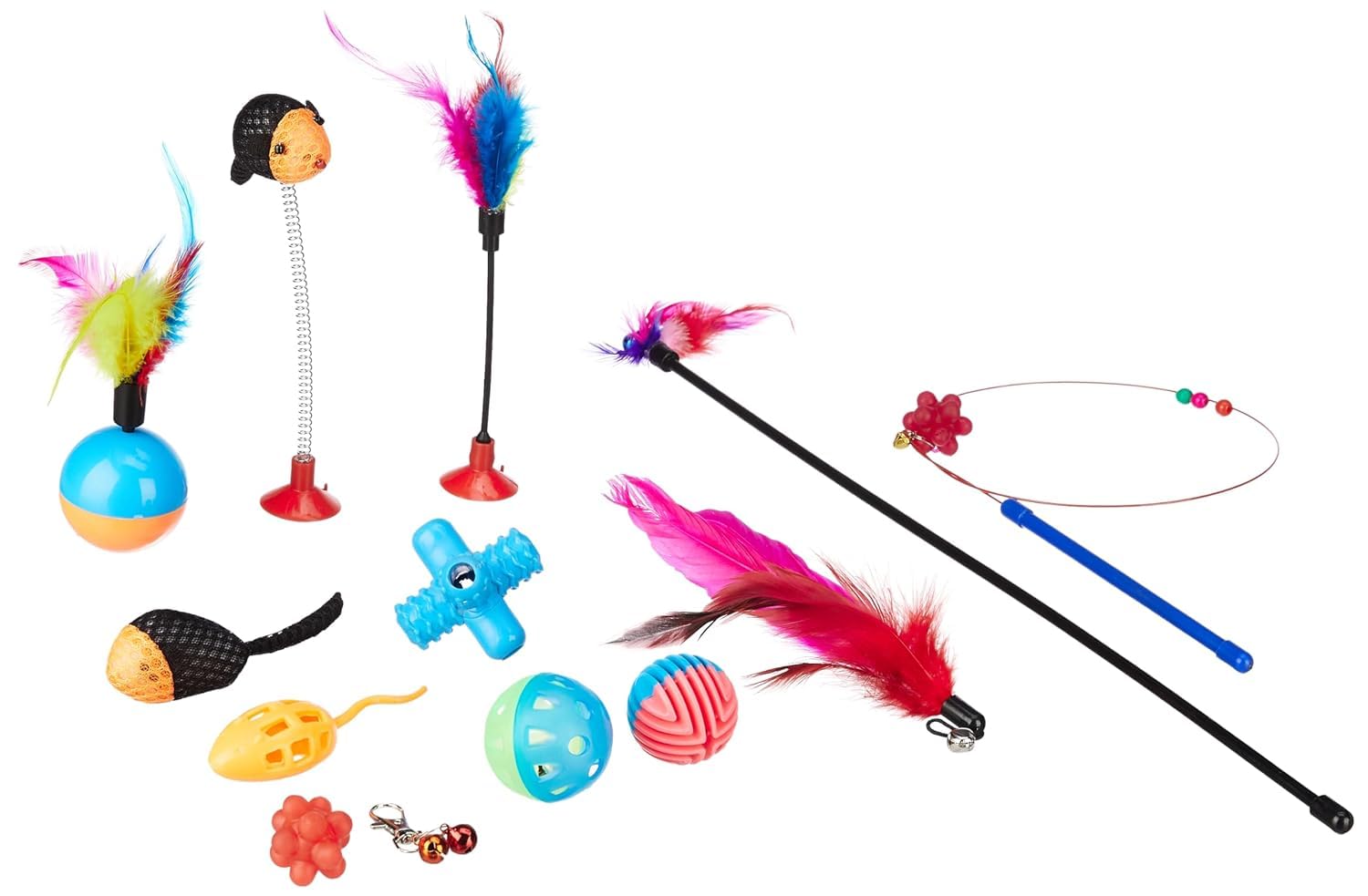 Amazon Basics Cat Toy Set | 13 Interactive Toys | Spring Mouse | Feather Stick | Fishing Rod | Rattling Bells | Playing Balls |