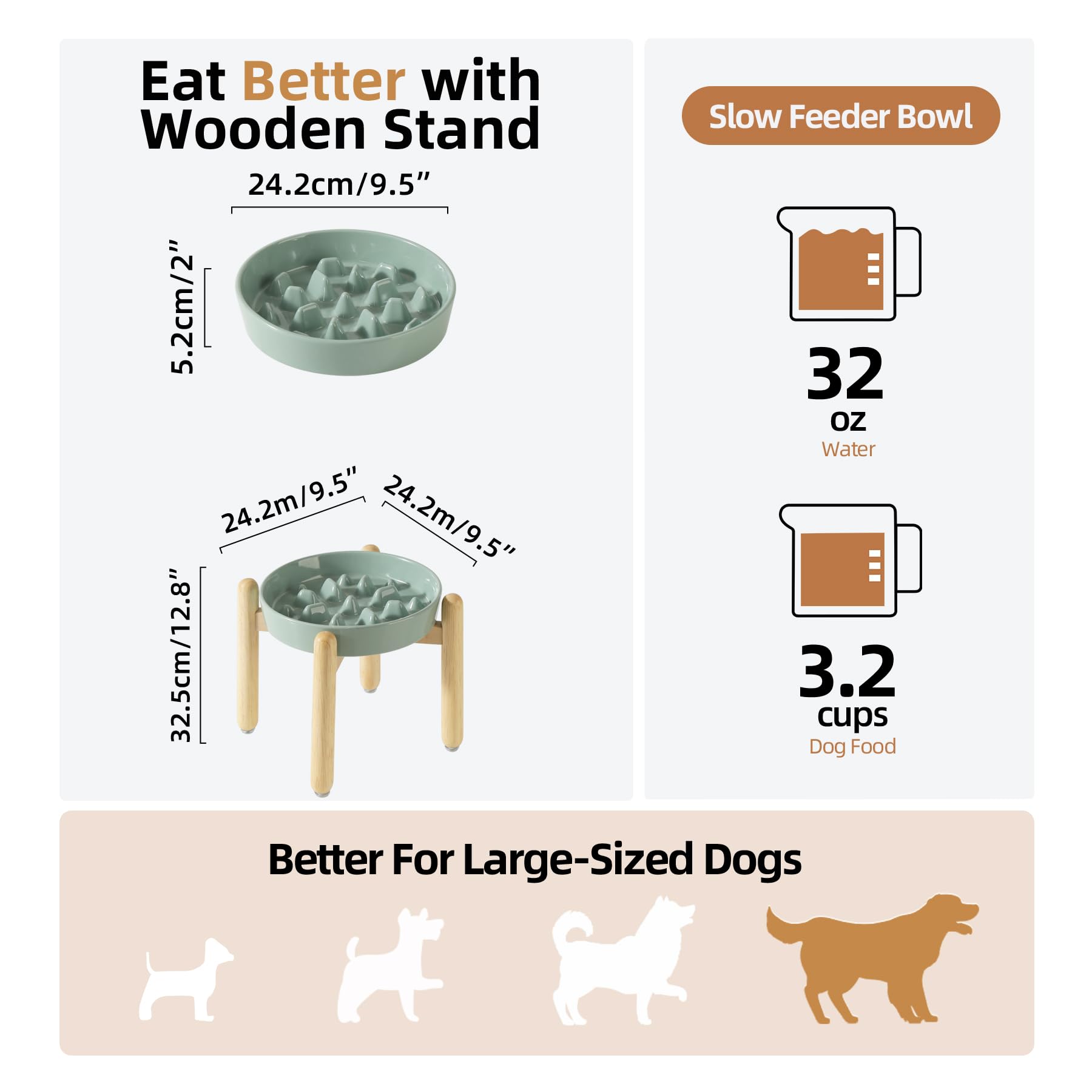 Havniva Ceramic 3.2 Cup Dog Raised Slow Feeder Set, Elevated Bowl with Wooden Stand for Large Dog, 9.5inch Slow Feeder Dish for