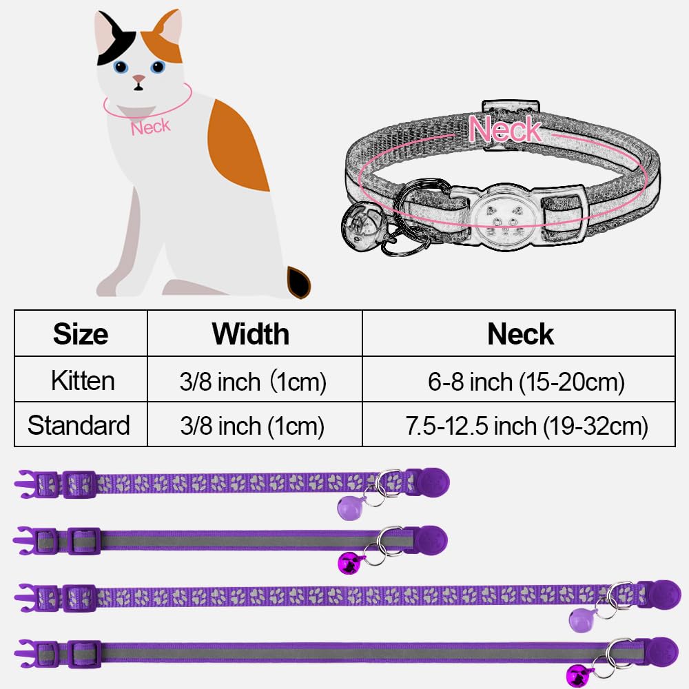 Taglory Reflective Cat Collars Breakaway With Bell, 2-Pack Girl Boy Pet Kitten Collar Adjustable 7.5-12.5 Inch, Purple