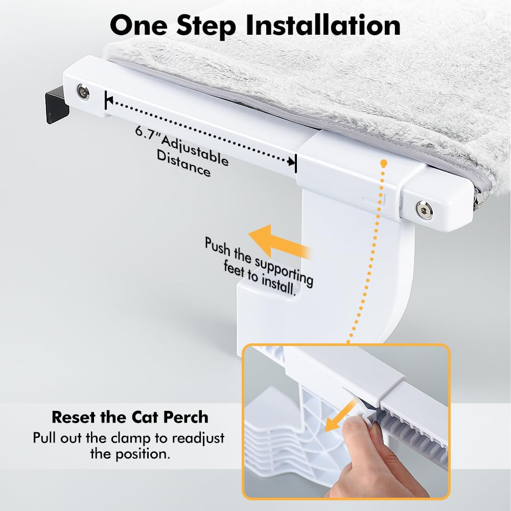 Zoratoo Window Sill Mount Cat Perch For Indoor Cats, One-Step Sliding Adjustment Cat Hammock Window Seat With Removable Two Fabrics Covers, No Suction Cups Cat Beds For Windowsill & Bedside (L)