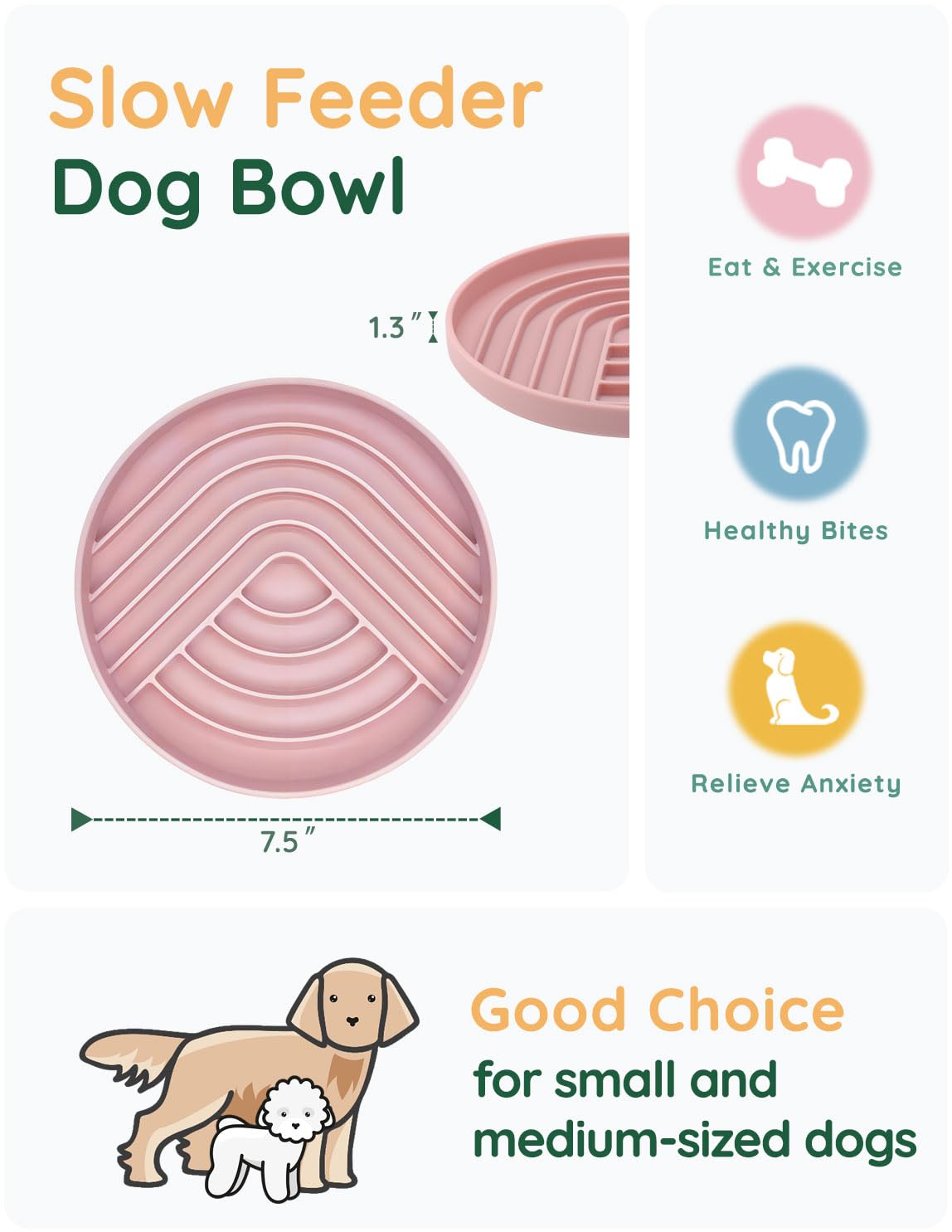 Evenco Slow Feeder Dog Bowls, Slowdown Bowl - Silicone Dog Feeding Bowls With Suction Cups For Puppies, Modern Lick Mat Design,