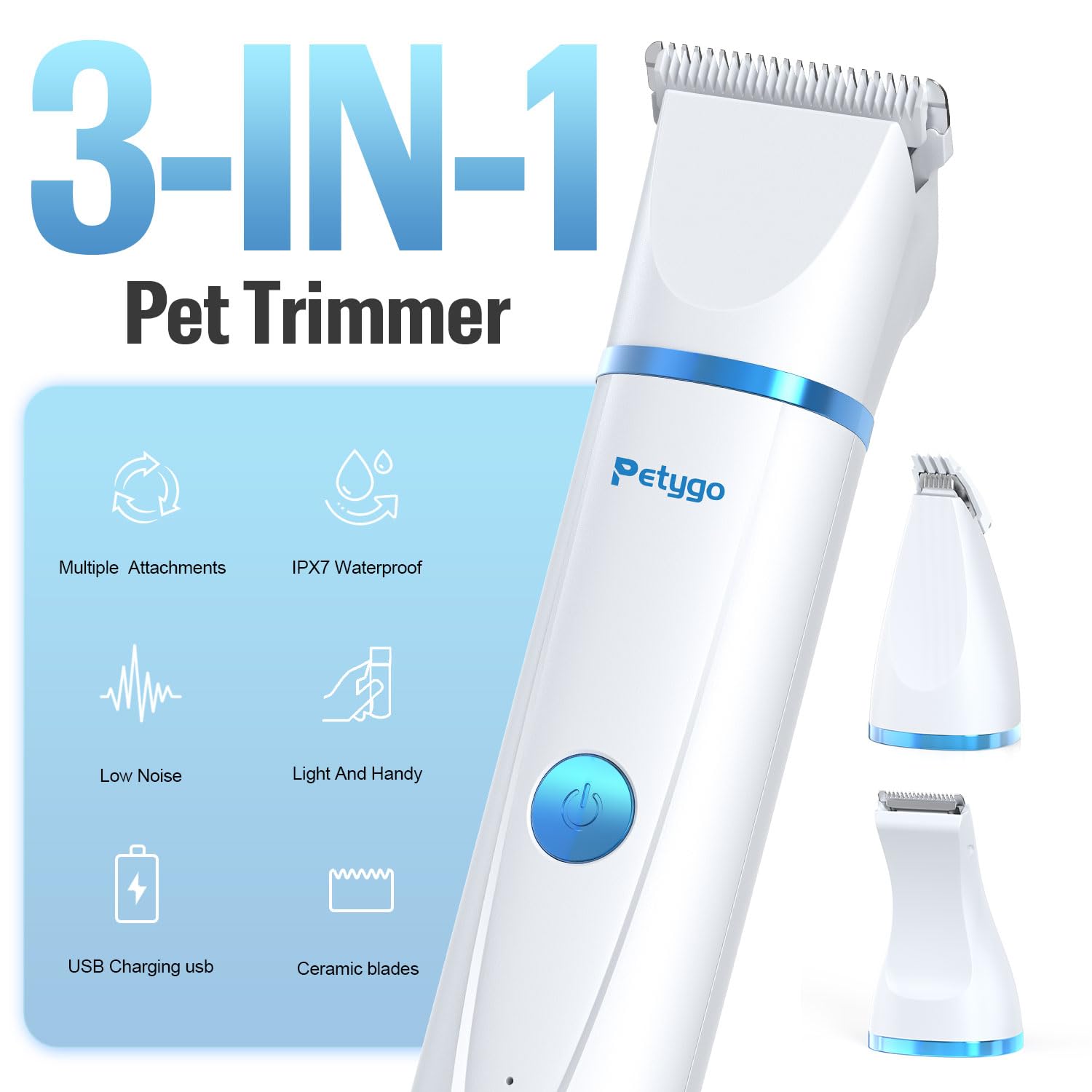PETYGO 3-in-1 Dog Grooming Clippers Kit - Rechargeable Low Noise Pet Trimmer Set with Paw Trimmer, Cordless Nail Grinder, Shaver