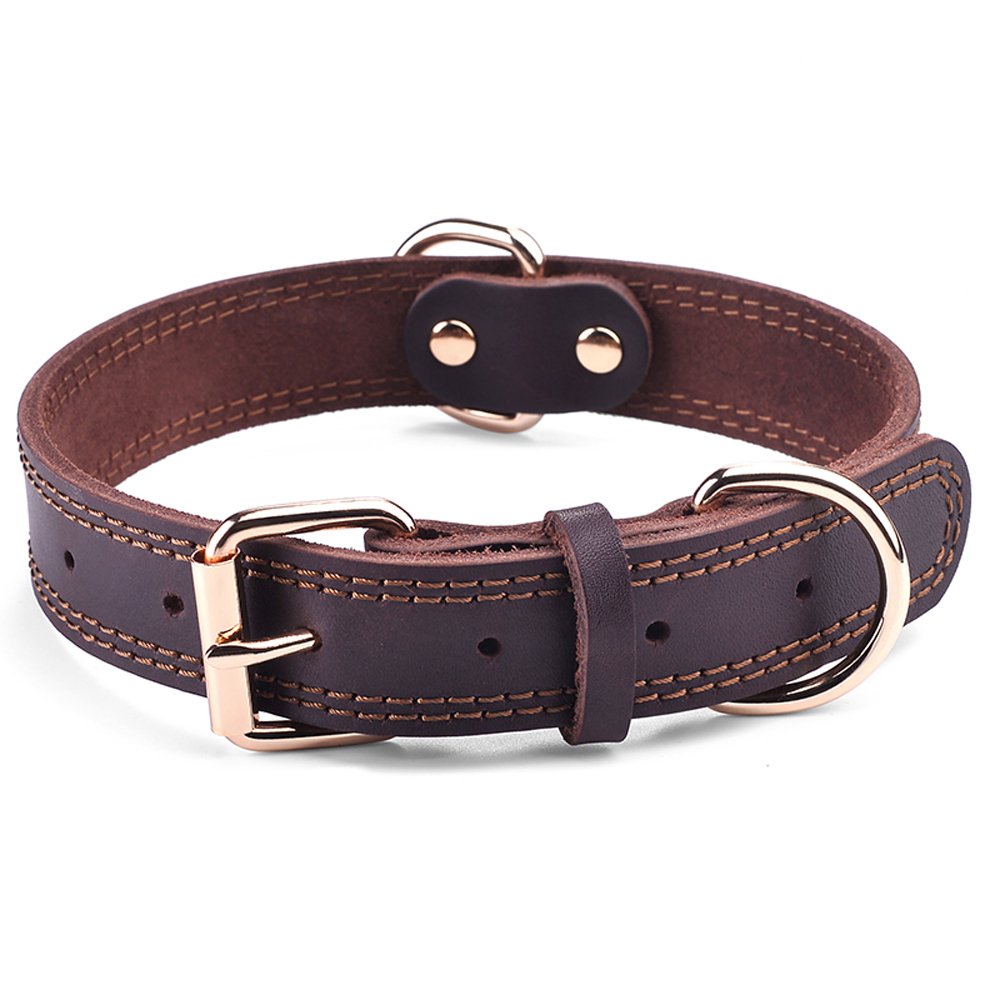 Daihaqiko Dog Collar, Genuine Leather Dog Collar, Heavy Duty Dog Collar, Wide Dog Collar For Small Dog, Medium Dog, Large Dog And Extra Large Dog (L: 1.2' Wide For 17'-23' Neck, Dual Stitch - Brown)