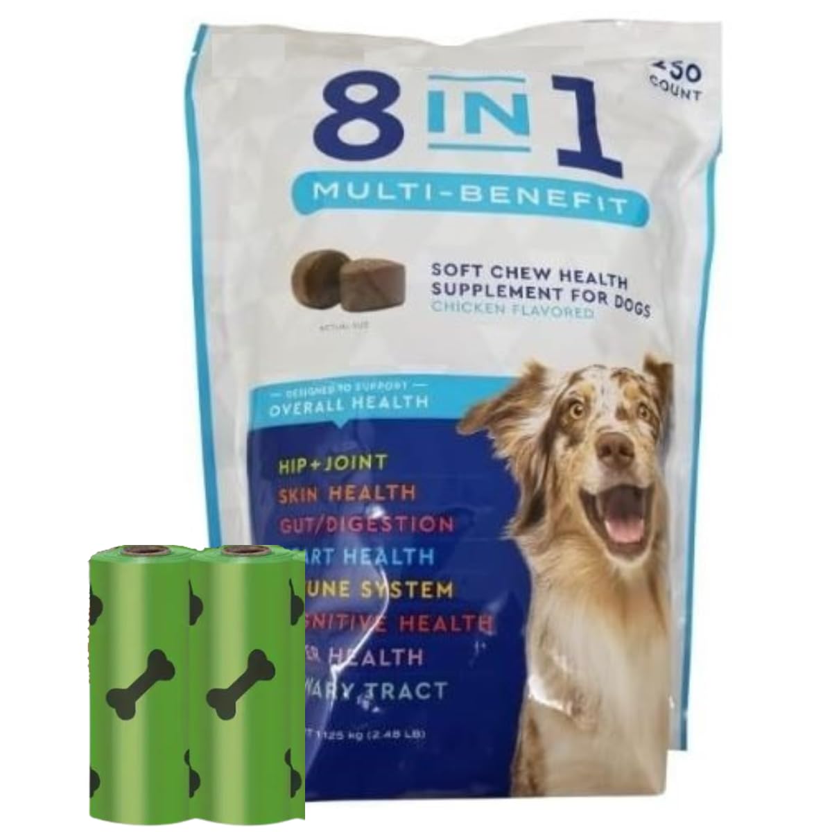 8 in 1 Dog Multi Benefit Soft Chews, 250 Count with 2 Waste Bag Rolls.
