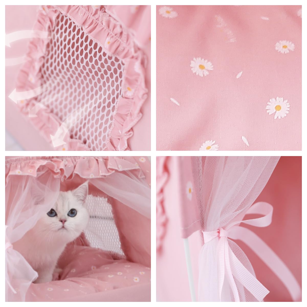 Cat Bed Tents Dog House Indoor Outdoor Lace Mesh Breathable Windows Door Curtains Removable Portable Nest Teepe House (Large,Pin