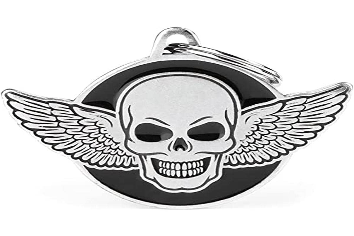 My Family Personalized Pet Id Tag Made In Italy, Skull And Wings, Free Engraving, Antique Silver, Bronx Collection