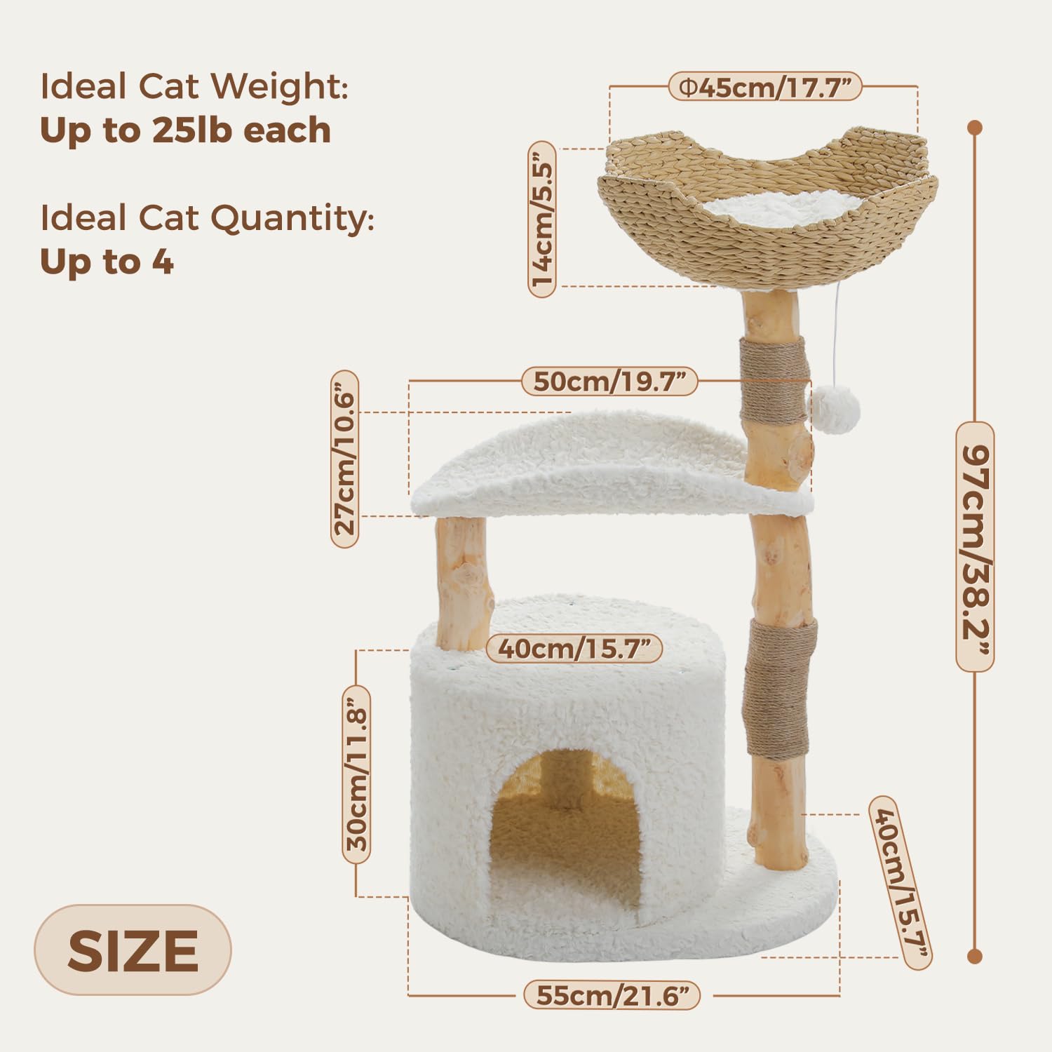 Pawz Road Cat Tree For Indoor Cats Large Adults,38 Inches Modern Cat Tree Tower With Spacious Wicker Basket,Natural Solid Wood S