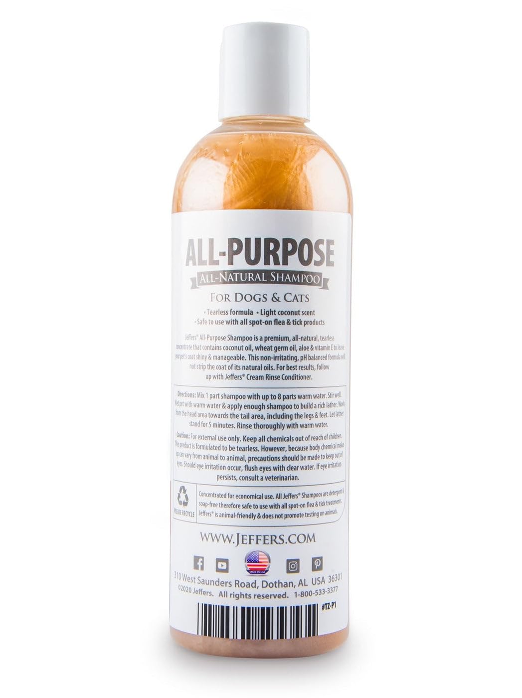Jeffers Pet All Purpose Coconut Oil Shampoo For Dogs & Cats, 17 Fl Oz - Tearless, Ph Balanced, Soap & Detergent Free Formula - G