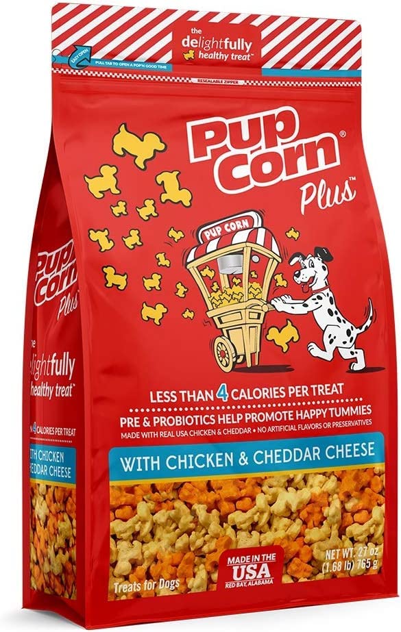 Pup Corn Plus - Puffed Dog Treats with Prebiotics and Probiotics - Chicken and Cheddar Cheese (4oz) - Made in USA