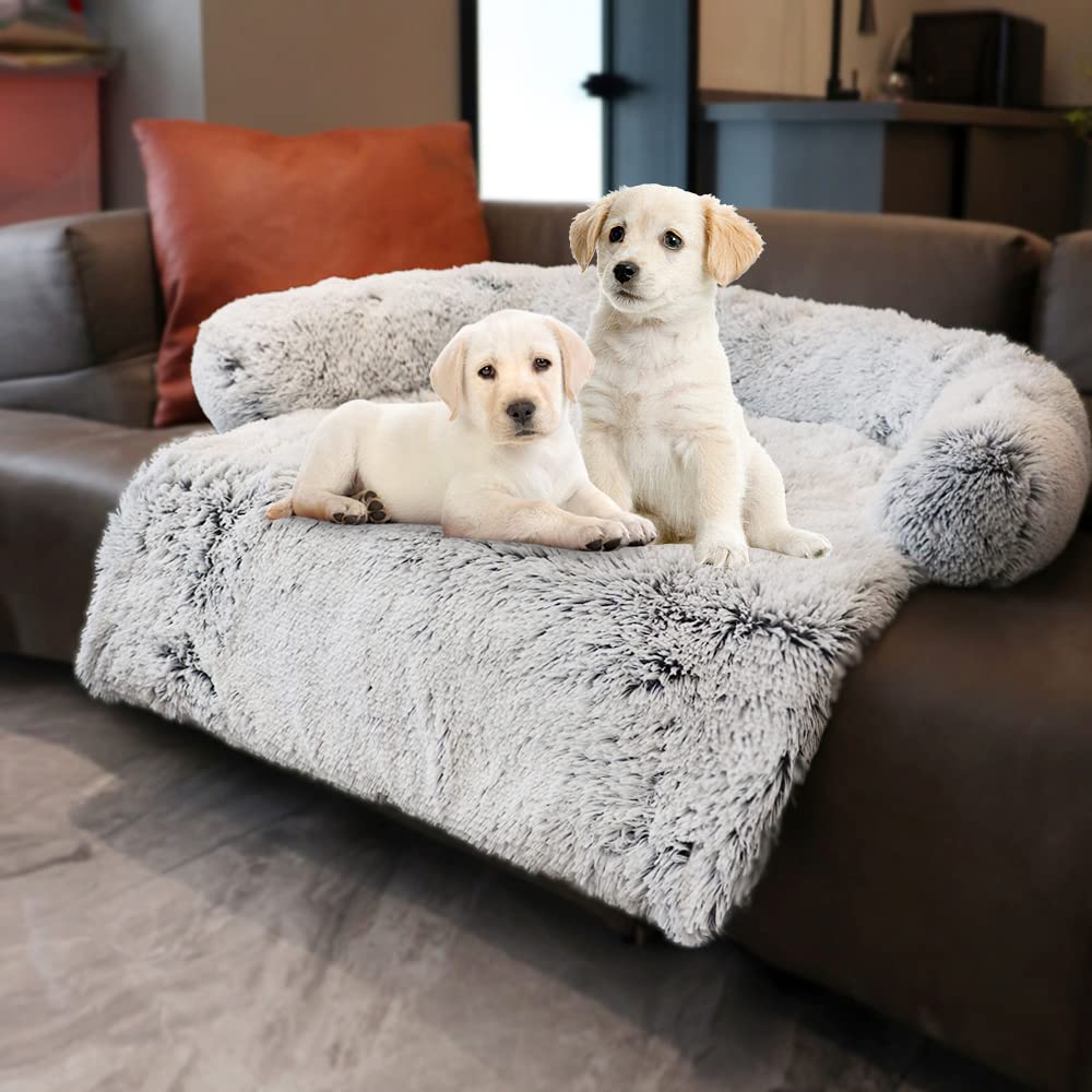 Tinaco Luxurious Calming Bed Mats, Washable Removable Couch Cover, Plush Long Fur Mat For Pets, Waterproof Lining, Perfect For Small, Medium And Large Dogs And Cats (Gradient Gray, L)