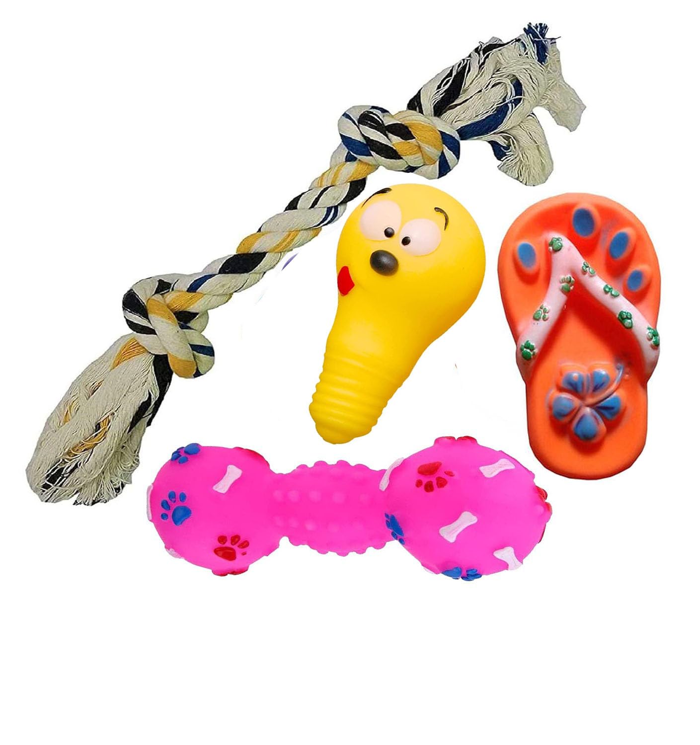 W9 Pet Products Combo Of 4 Natural Latex Squeaky Rubber Toy With 2Knotted Rope Toy For Small Breed Puppy