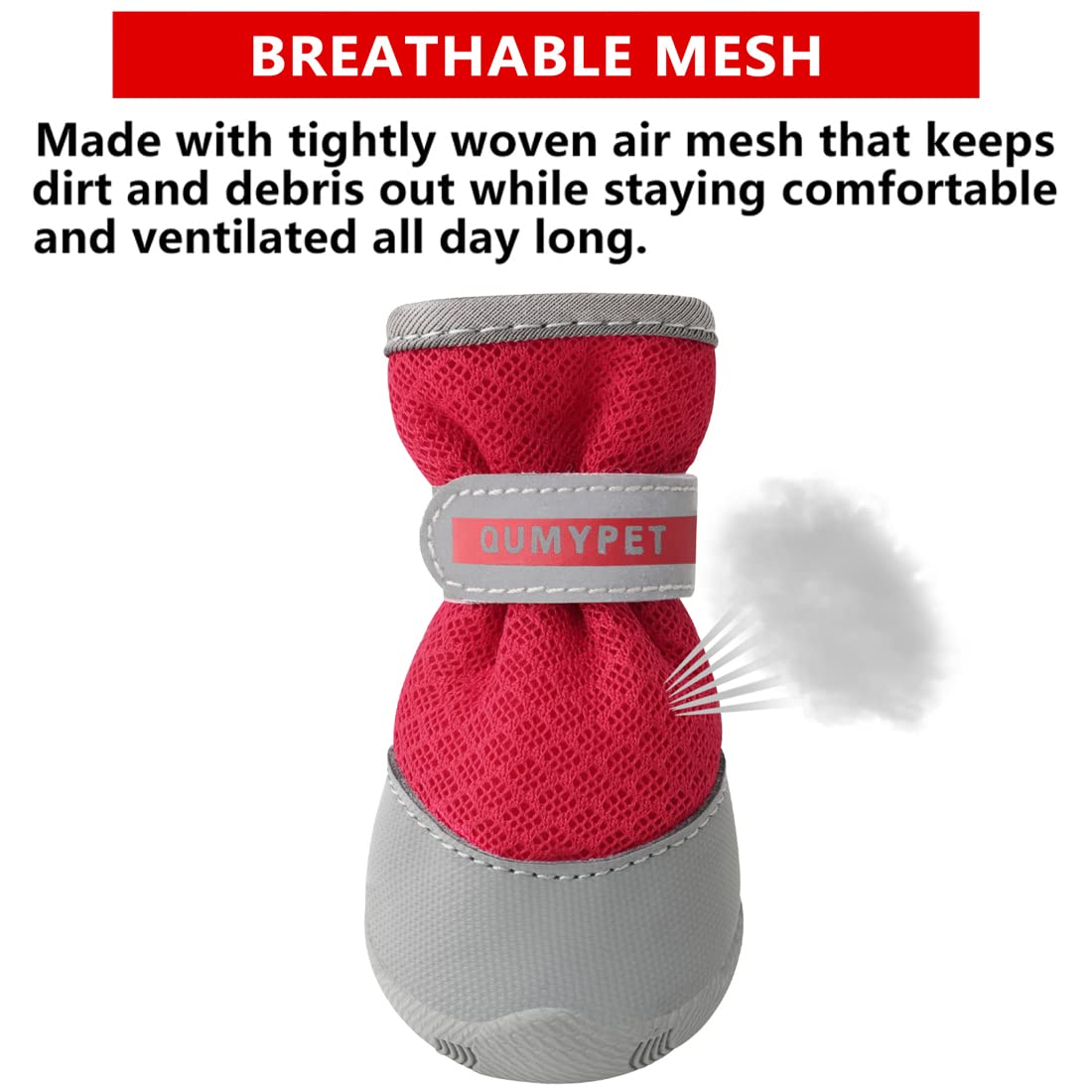 Qumy 2Pcs Small Dog Shoes For Hot Pavement Summer Puppy Dog Booties With Reflective Strip Soft Comfortable Anti-Slip Rubber Sole Red Size 4