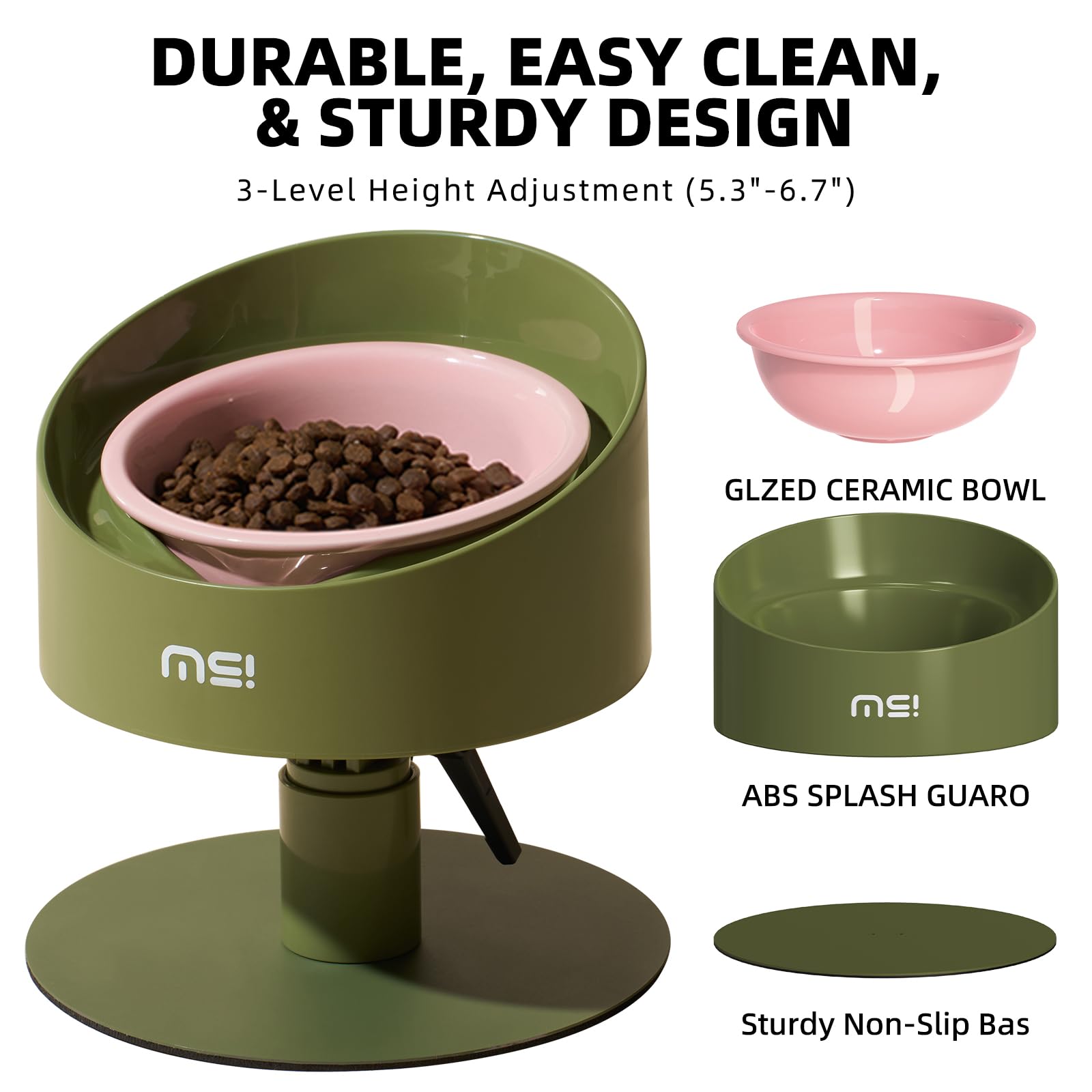 MS!MAKE SURE Adjustable Raised Cat Bowls, Ceramic Elevated Cat Bowls, Pet Bowl with Anti - Slip Rubber Pad, Leak - Proof, Lead &