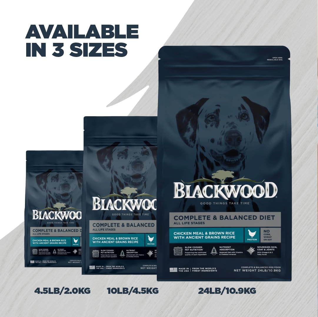 Blackwood Complete & Balanced Diet Dry Dog Food, Chicken Meal & Brown Rice with Ancient Grains, 4.5 Pound Bag, Slow Cooked with