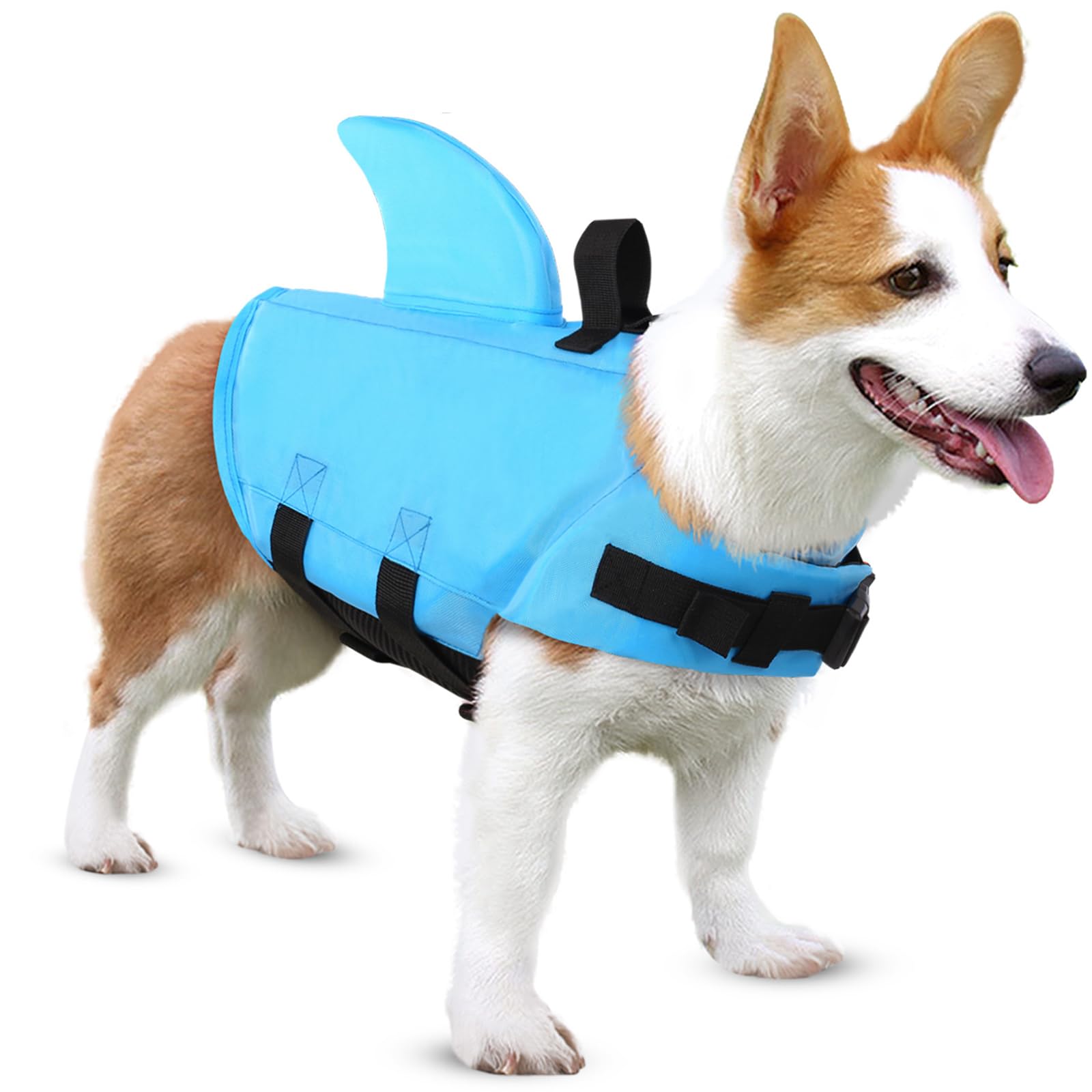 Sunfura Medium Dog Life Jacket, Shark Fin Pet Swimming Vest For Boating, Puppy Life Preserver With High Buoyancy & Rescue Handle, French Bulldog Lifesaver Swimsuit For Medium Dogs, Blue M
