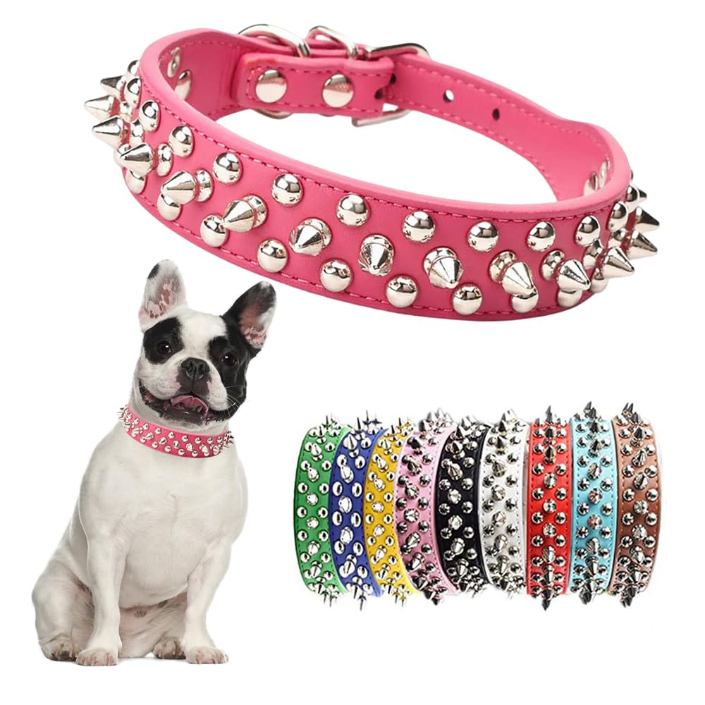 Hot Pink Dog Spike Collars,Mushroom Rivet Spike Puppy Collars Girls Boys Leather Studded Cat Collar Adjustable Metal Buckle Dura