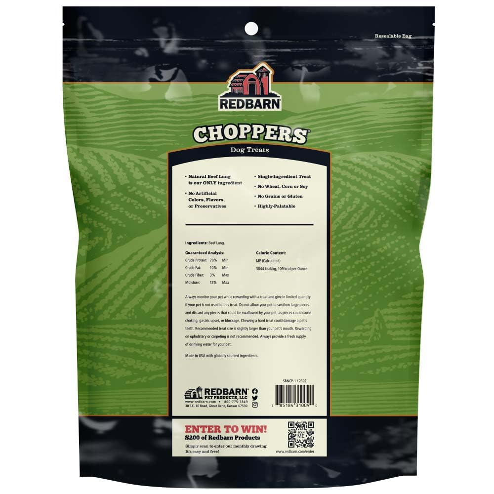 Redbarn Pet Products Natural Choppers Beef Lung Chew Treats for Dogs - Premium Made in USA Rawhide-Free Single Ingredient High P