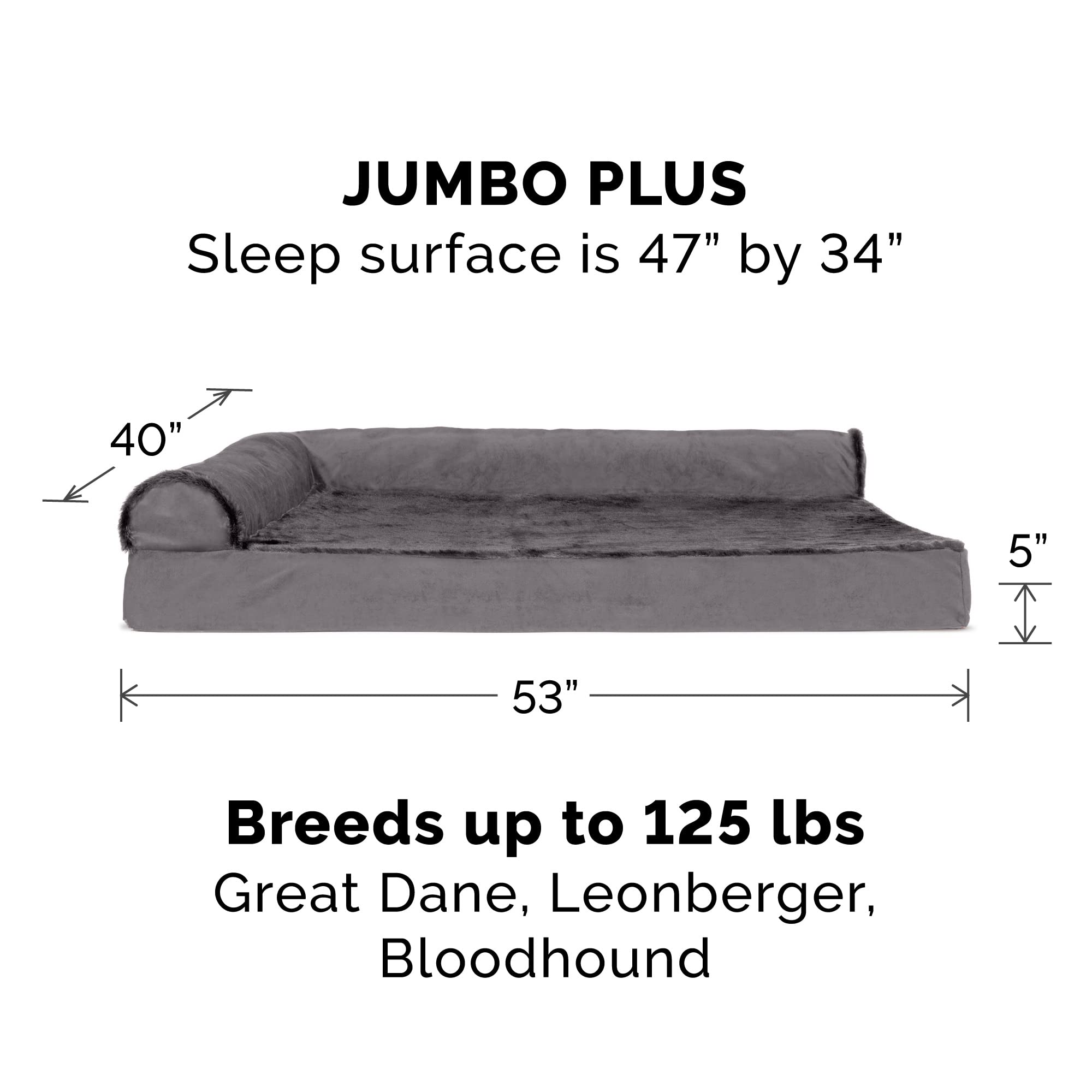 Furhaven Orthopedic Dog Bed For Large Dogs W/ Removable Bolsters & Washable Cover, For Dogs Up To 125 Lbs - Plush & Velvet L Shaped Chaise - Platinum Gray, Jumbo Plus/Xxl