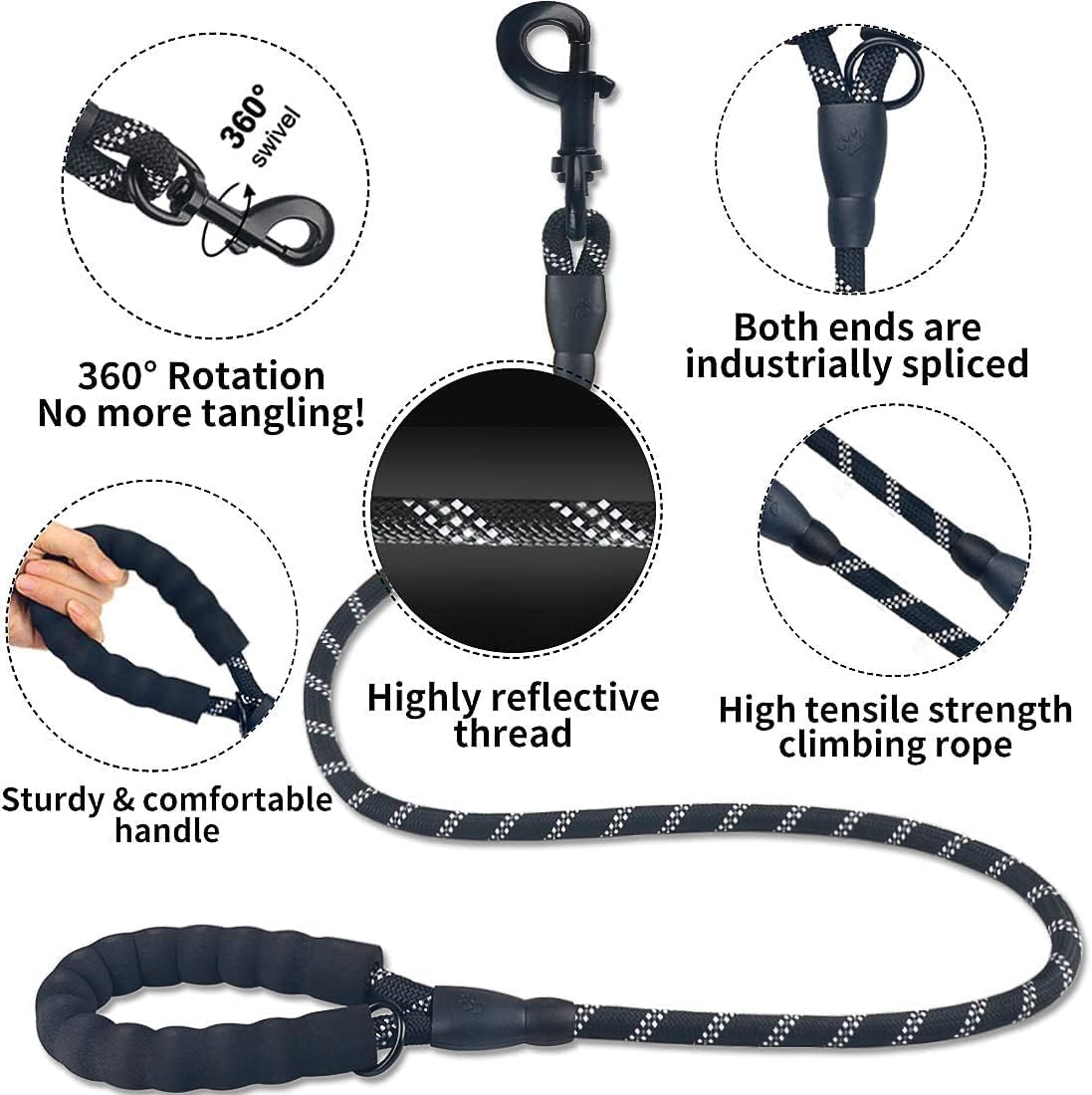 Doyoo 10Ft Thick Durable Nylon Dog Rope - Comfortable Padded Handle Reflective Rope Leash For Medium Large Dogs With Collapsible
