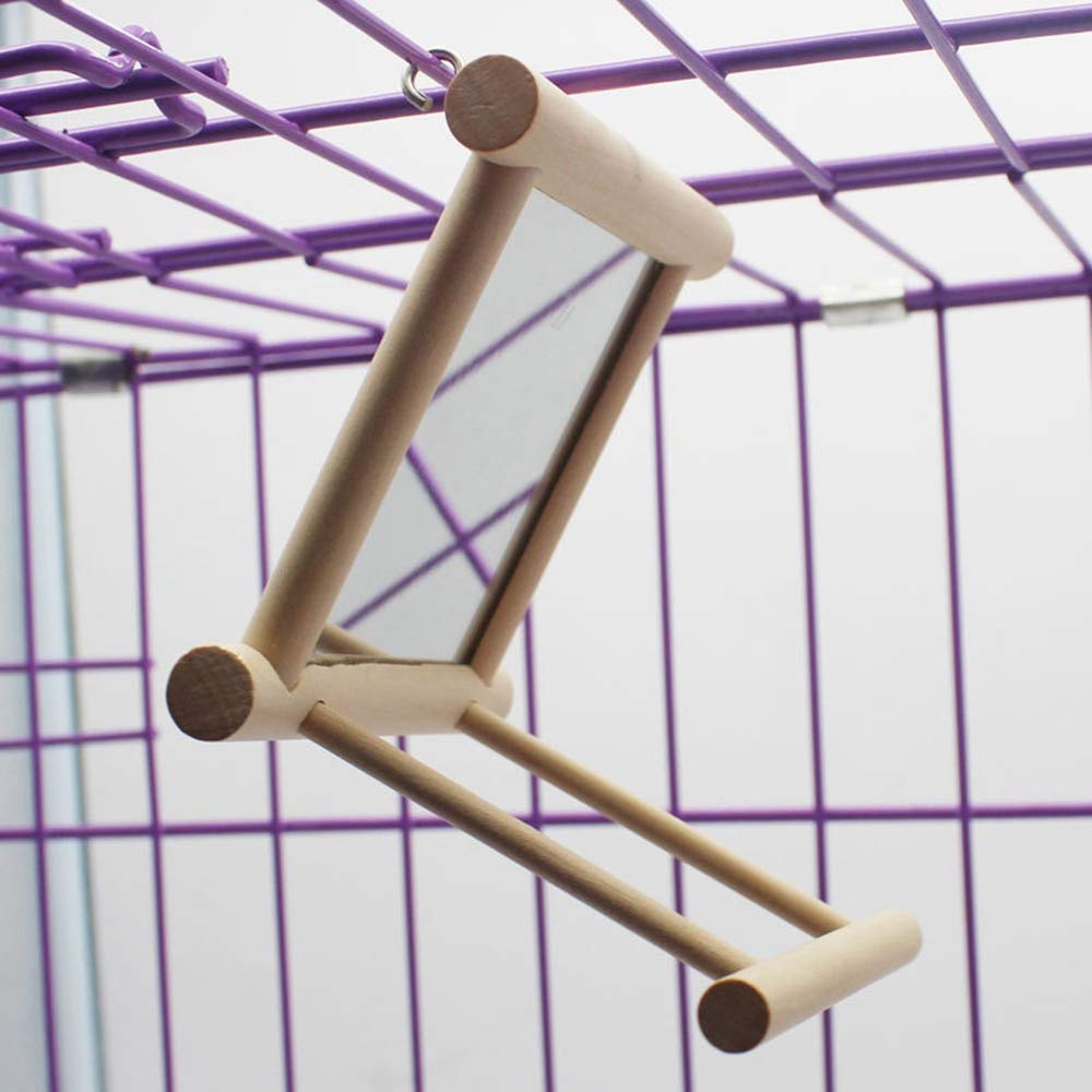Bird Mirror Wooden Hanging Swing Interactive Play Toys For Small Parrot Budgies Macaw African Grey Parakeet Cockatiel Conure Lovebird Cage Accessories (Bird Mirror Perch Stand-One)