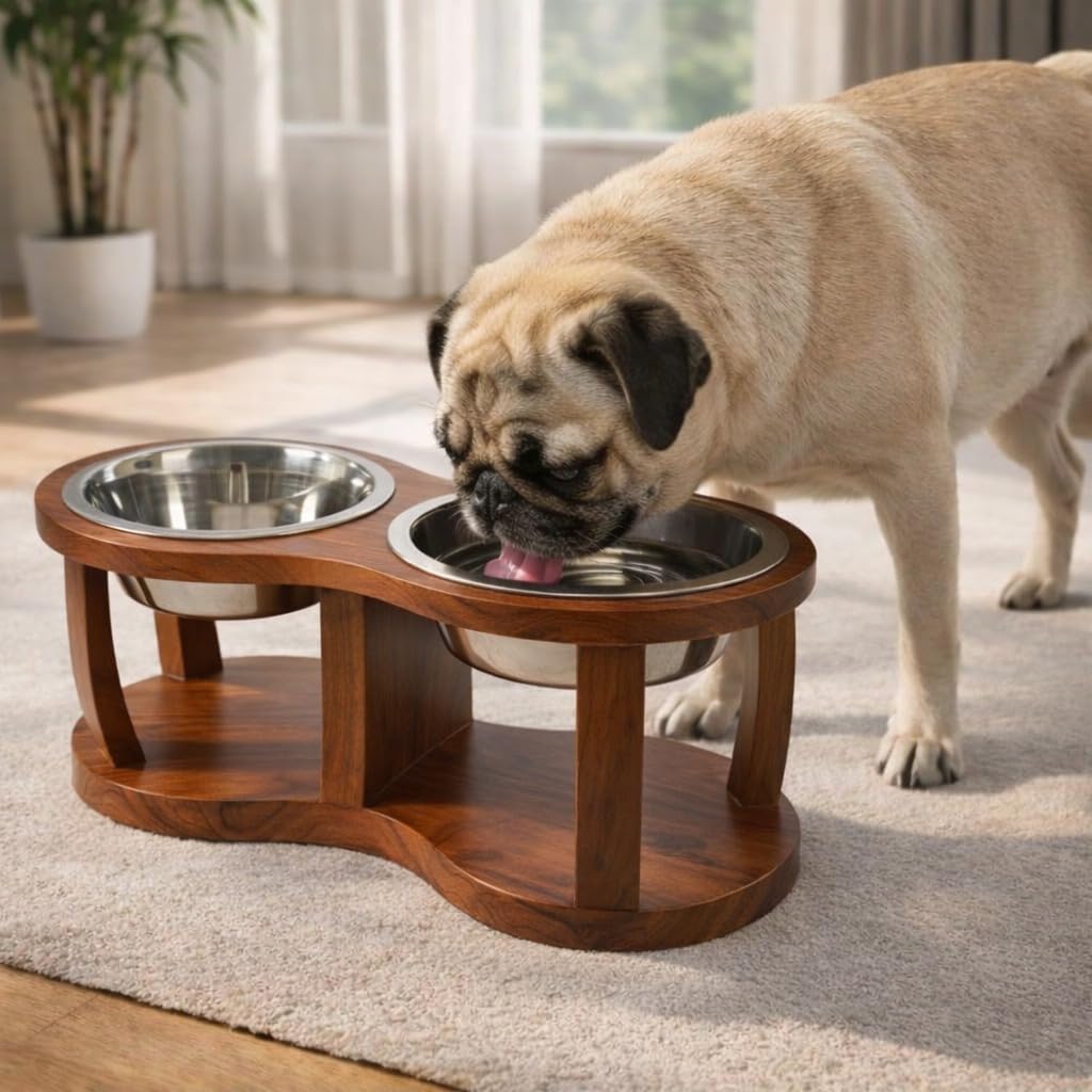 Pure Souls Skye Pet Feeder, Natural Acacia Wood Feeders Stand, Elevated Dog Bowls 750 Ml, Food Water Diner, Durable Double Bowl 