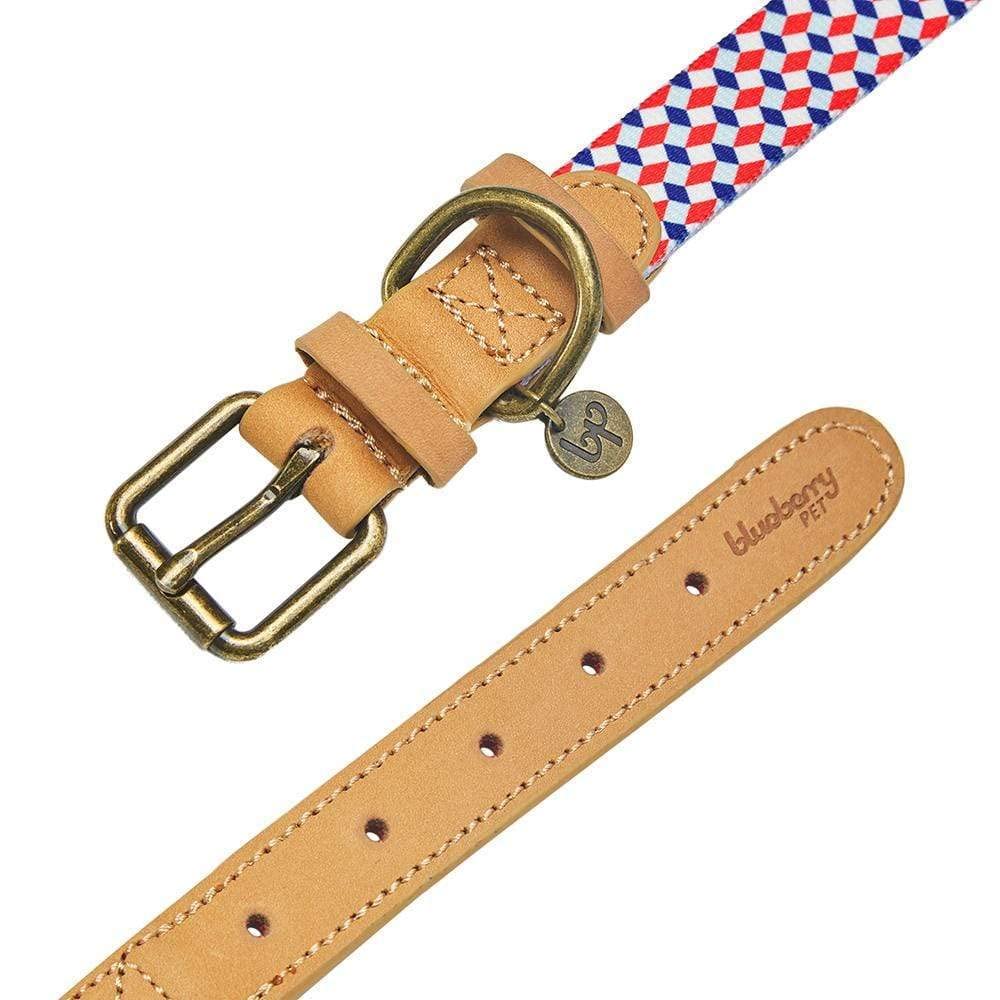 Blueberry Pet Multicolor Geometric Squares Genuine Full Grain Leather & Polyester Combo Adjustable Dog Collar, Small, Neck 12-