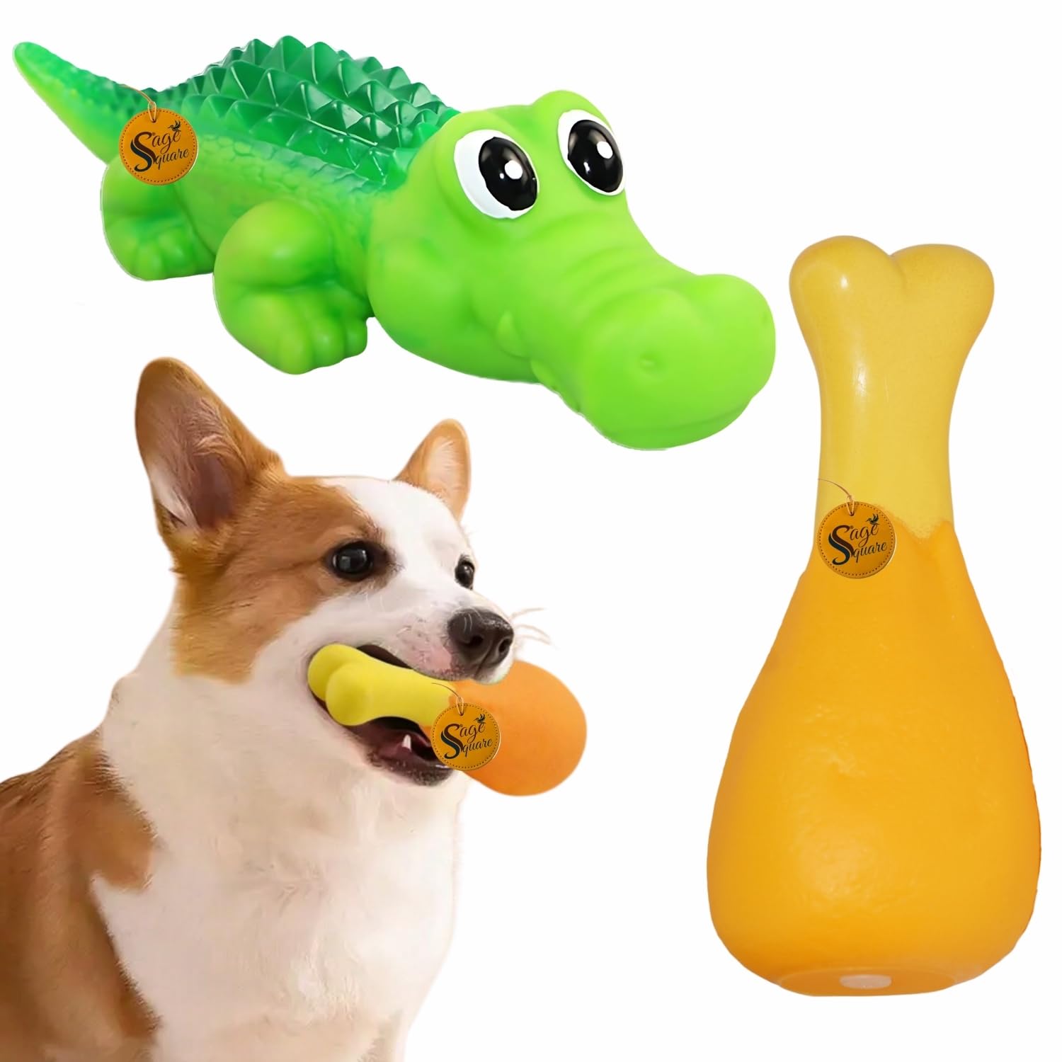 Sage Square Squeaky Crocodile & Chicken Leg Combo For Dogs | Engaging Sound Toys For Interactive Play, Chewing | Ideal For Small