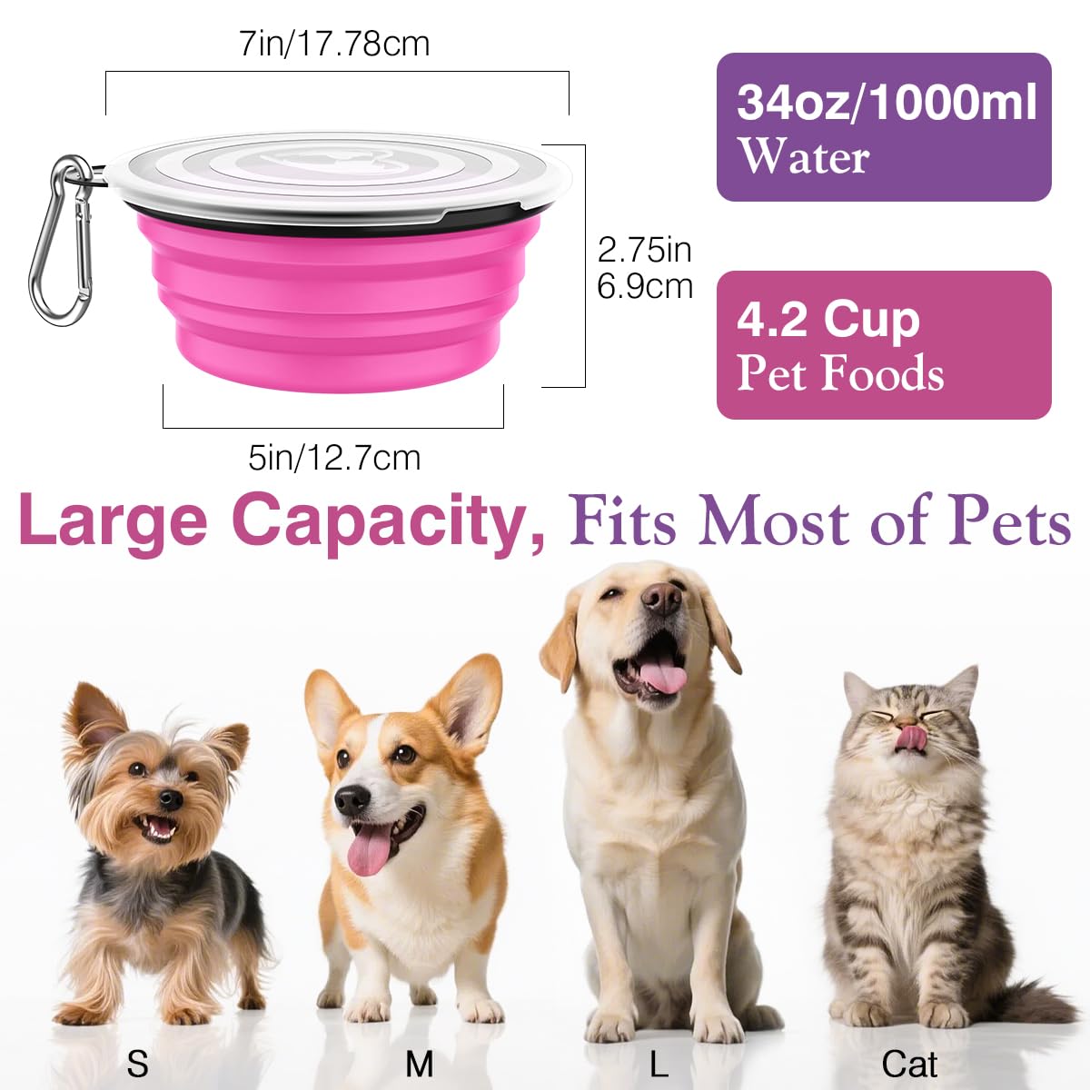 Pawaboo Collapsible Dog Bowls 2 Pack, Silicone Feeding Watering Bowls with Lids & Carabiners for Dogs Cats, Portable Water Feede