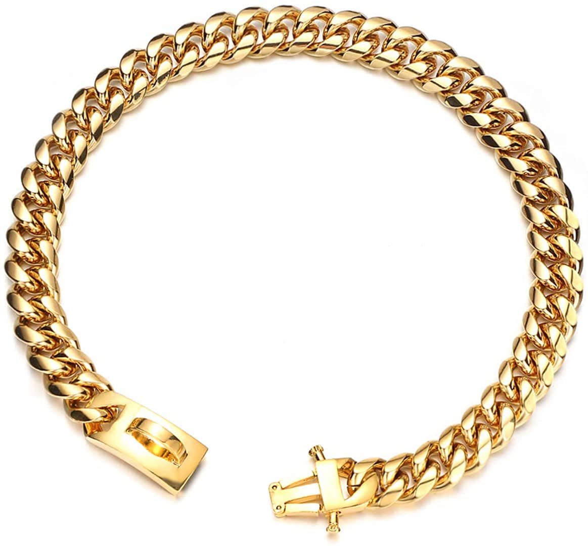 Aiyidi Heavy Duty Dog Chain Collar Stainless Steel 14Mm 18K Gold Cuban Link Training Walking Metal Choke Dog Collar Suitable For