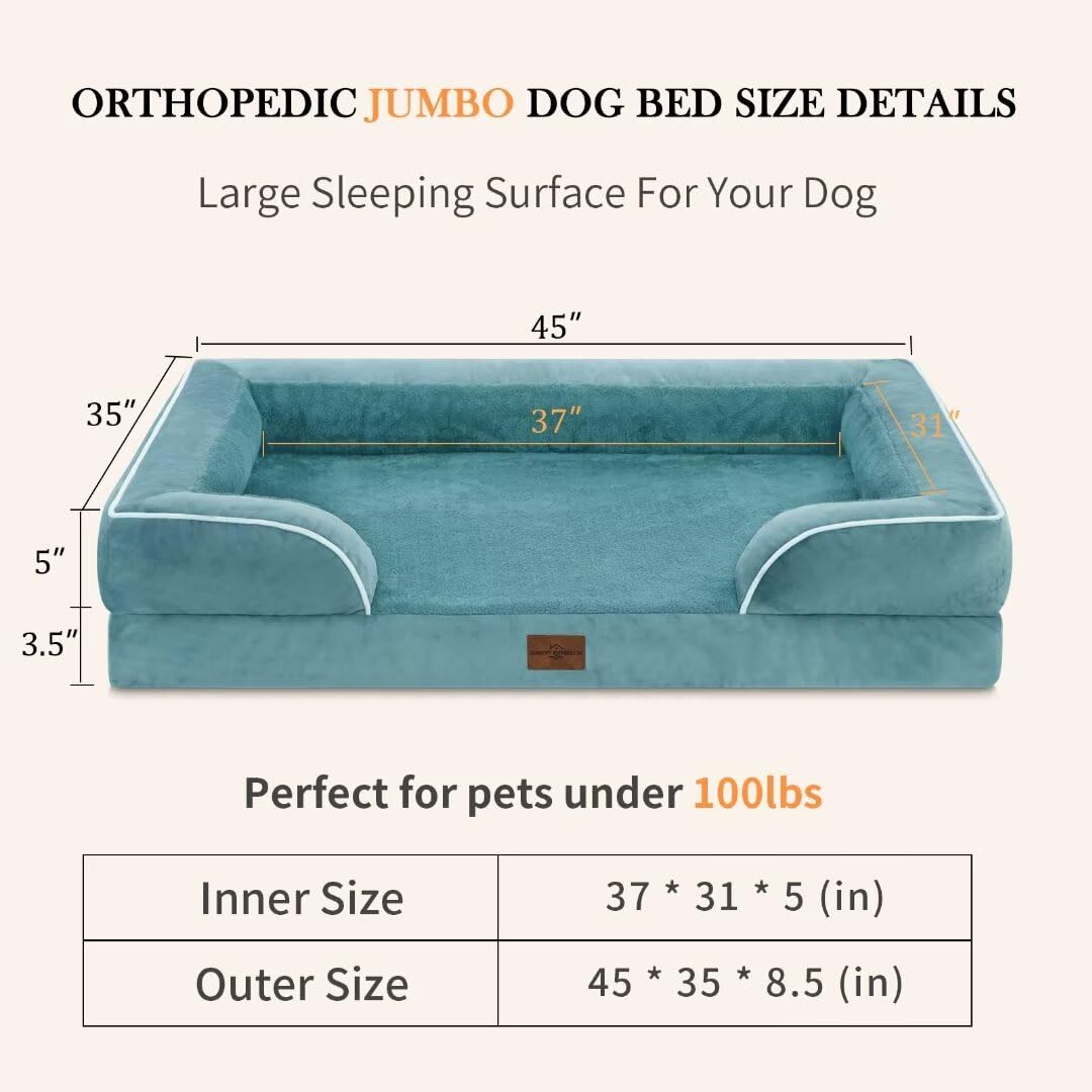 Comfort Expression Jumbo Breed Dog Bed, Jumbo Orthopedic Dog Bed For Extra Large Dogs, Waterproof Dog Bed, Pv Washable Dog Sofa Bed With Removable Cover & Non-Slip Bottom(Jumbo,Washed Blue)