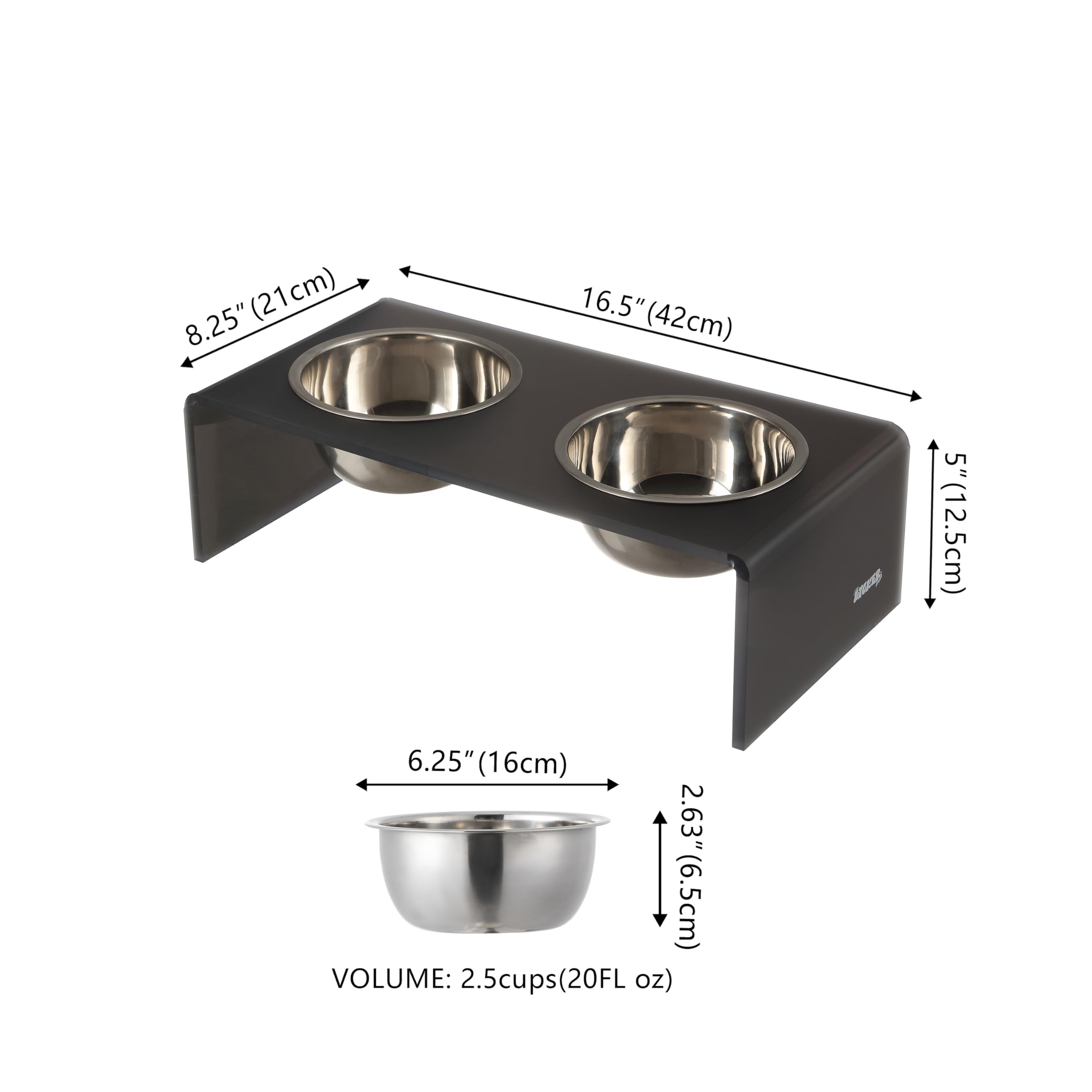 The LICKER Store DBL2000J Keaton 5 Small/Medium Modern Acrylic Rectangular Elevated Pet Feeder with 20oz 2-Stainless Steel Bowls