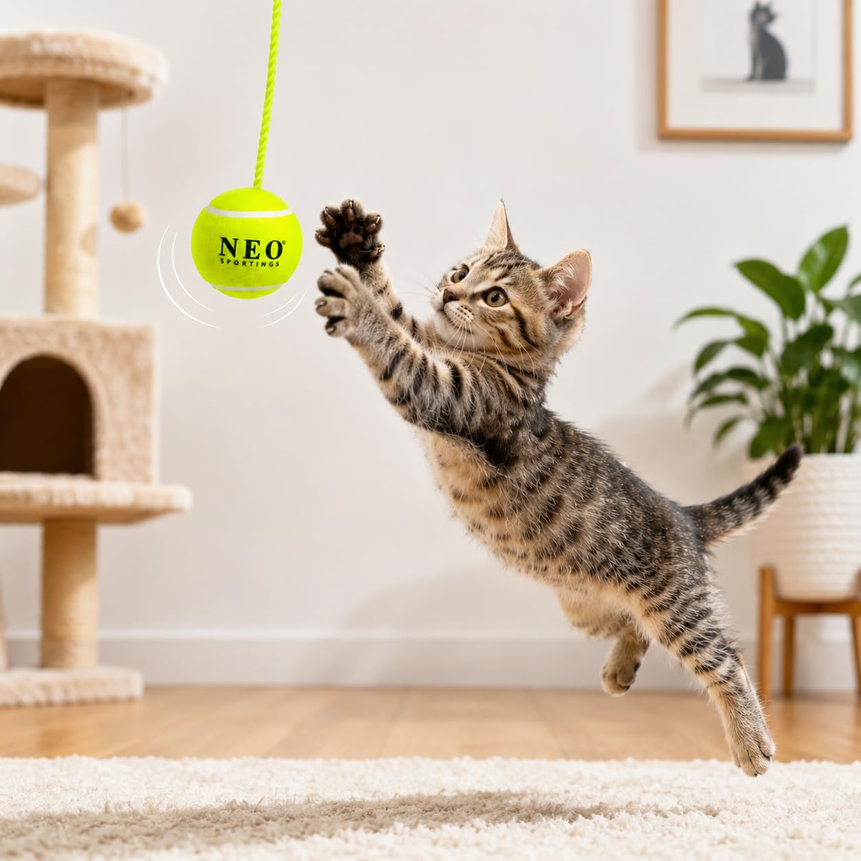 Neo Sportings Cat Play BallToy With 3.6M Nylon Rope For Interactive Cat Exercise & Hunting Toy | Green | Pack Of 1