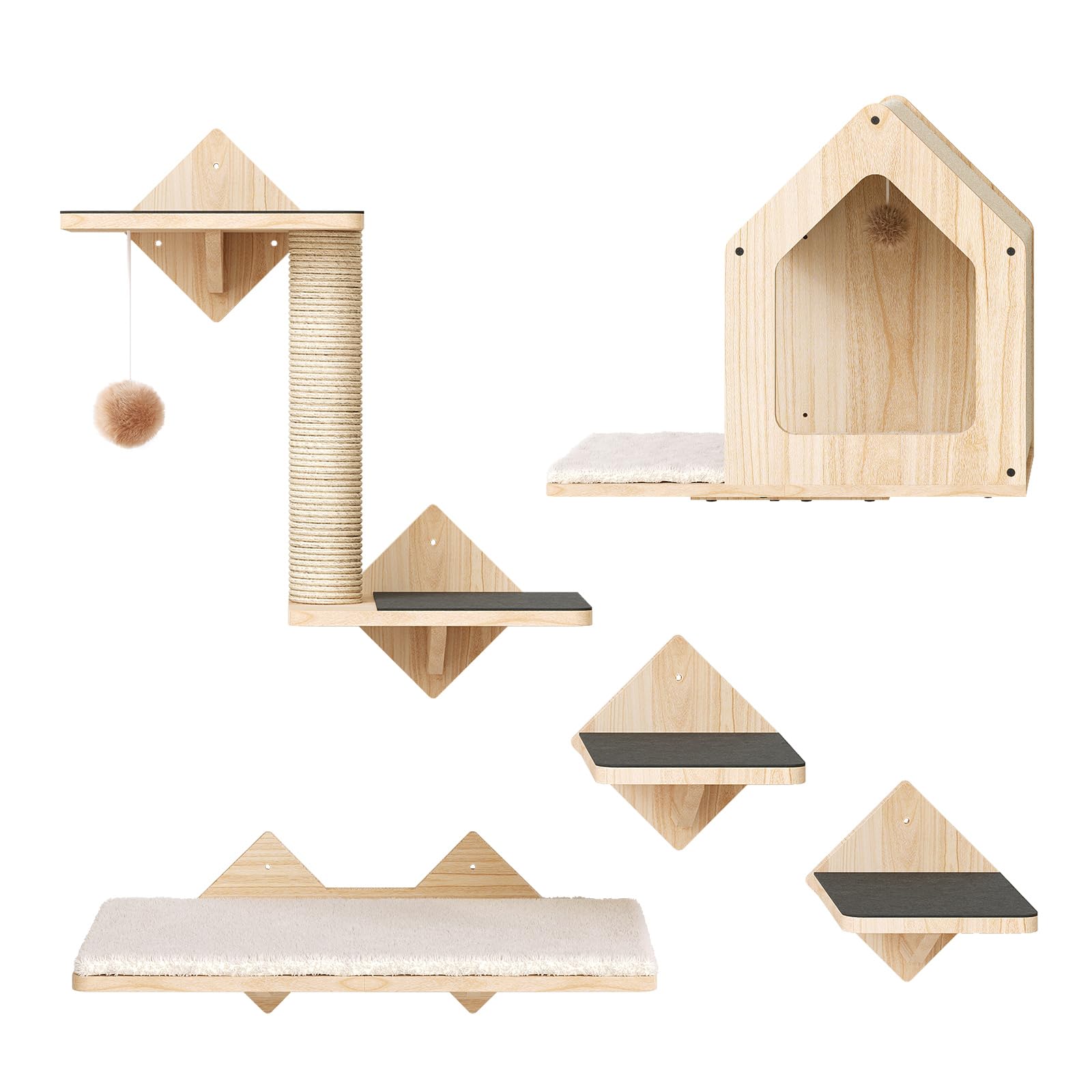 Hoobro Wood Cat Wall Shelves, Set Of 5 Cat Wall Mounted Furniture, Climbing Shelves With House, Steps, Scratching Post, Perch, S
