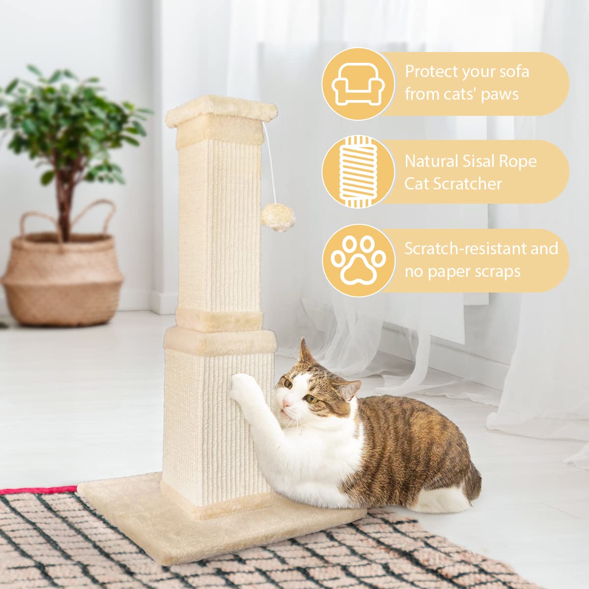 AGYM Cat Scratching Post - 32 Inch Beige Scratching Post for Large Cats with Natural Sisal, Model LM-1