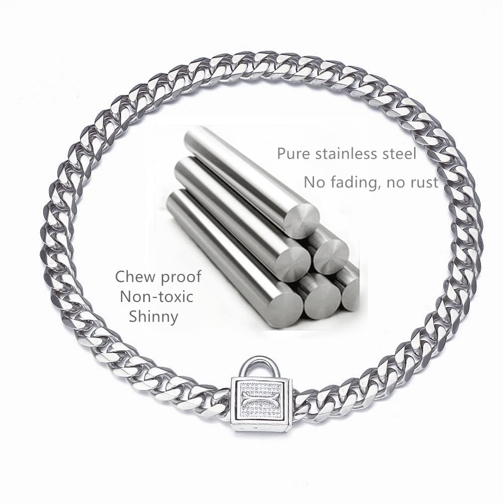 Rumypet Silver Cuban Link Dog Collar Chew Proof Metal Stainless Steel Dog Chain Collar With Cz Lock,Id Tag And Bell 11/15/19Mm For Small Medium Large Dogs(15Mm,16Inch)