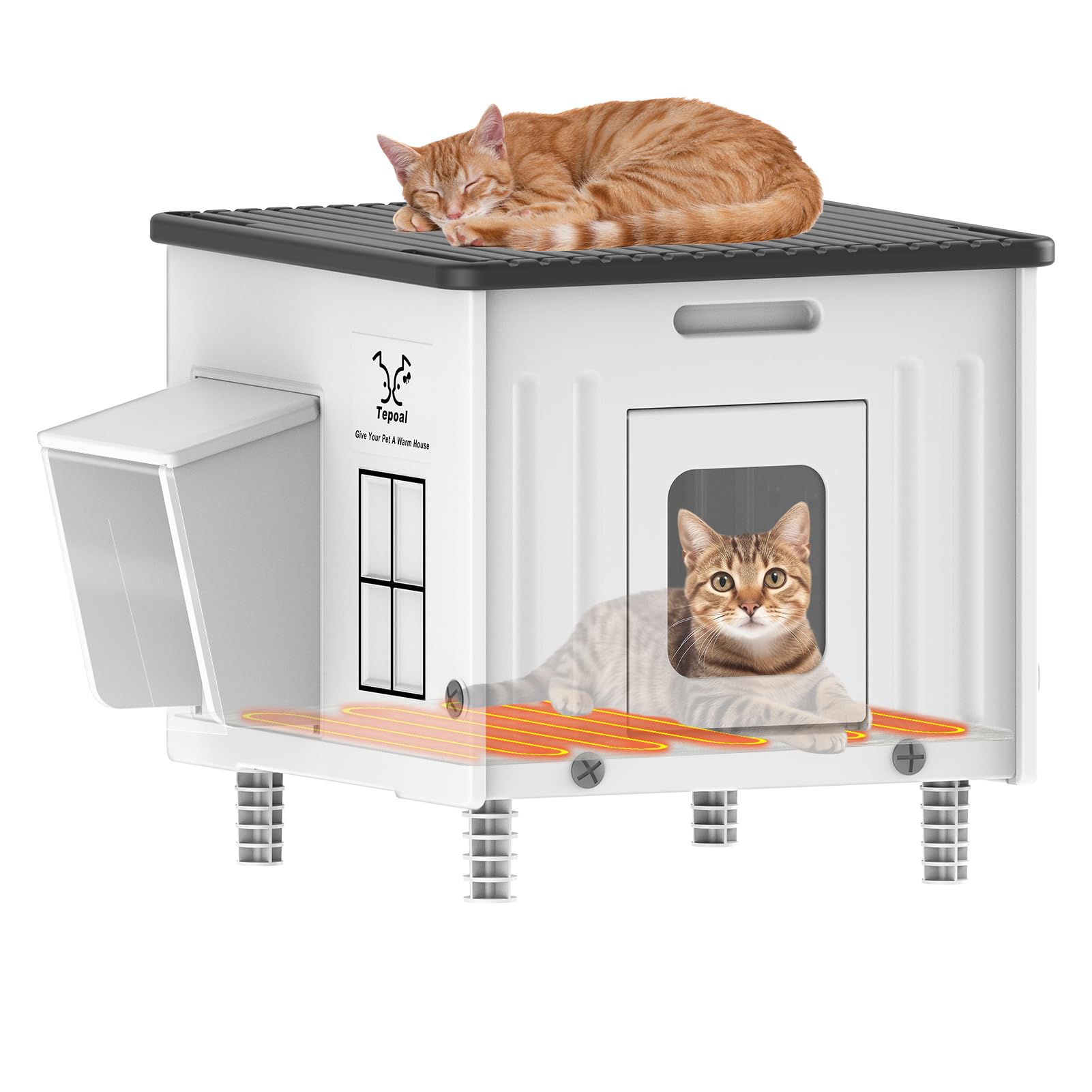 Dahivs Heated Cat House for Outside, High Insulated Heated Outdoor Cat Shelter 100% Weatherproof with Escape Door, Elevated Outd