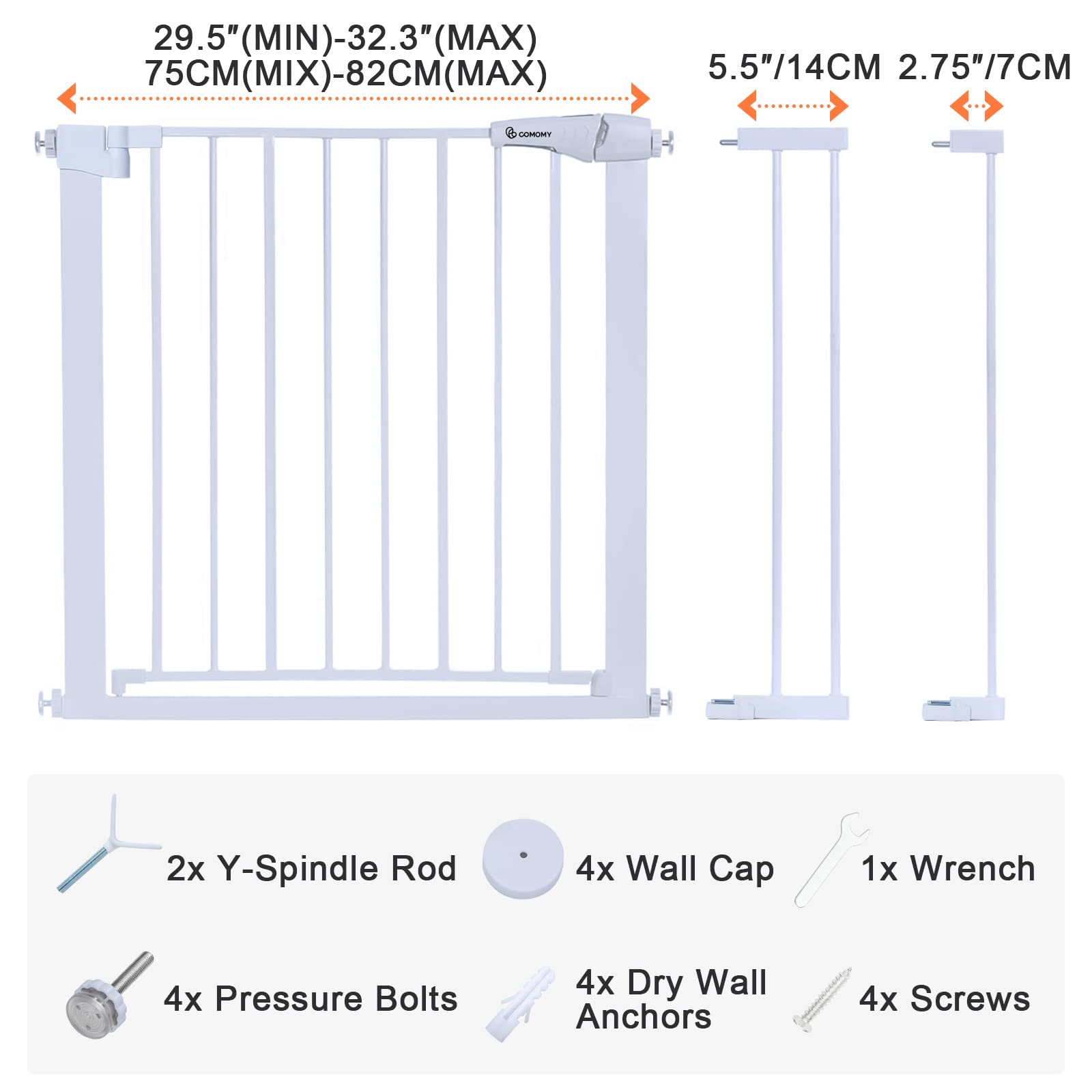 COMOMY Extra Wide Baby Gate, 30" Tall x 40.5" Wide, White Metal, Auto Close Dog Gate for Doorways, Stairs, Includes 4 Wall Cups &