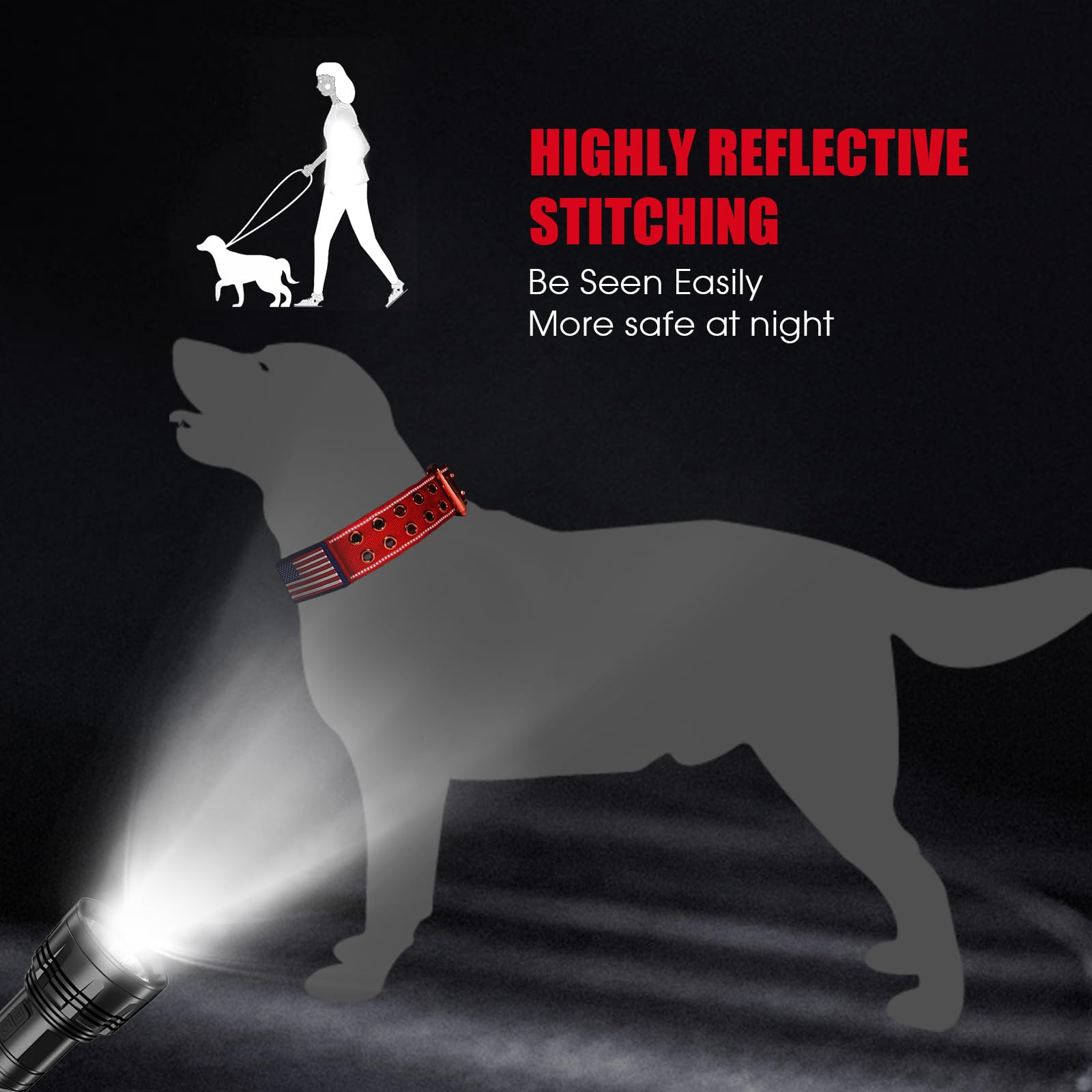 Yunleparks Heavy Duty Tactical Dog Collar With Neoprene Padded And Metal Buckle, Reflective Nylon For Medium To Large Dogs(Red,