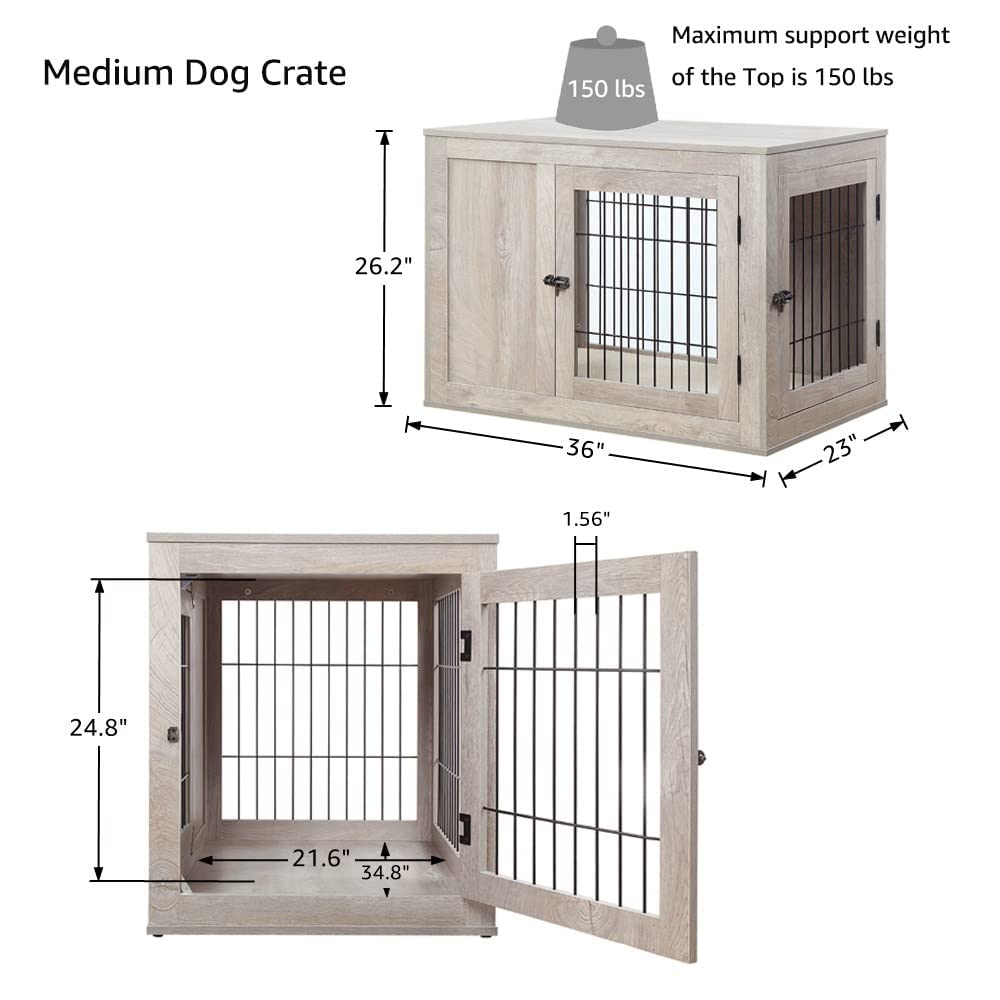 unipaws Medium Dog Crate - Weathered Grey Wood Indoor Kennel, Modern Decorative Pet House, Model UH5160