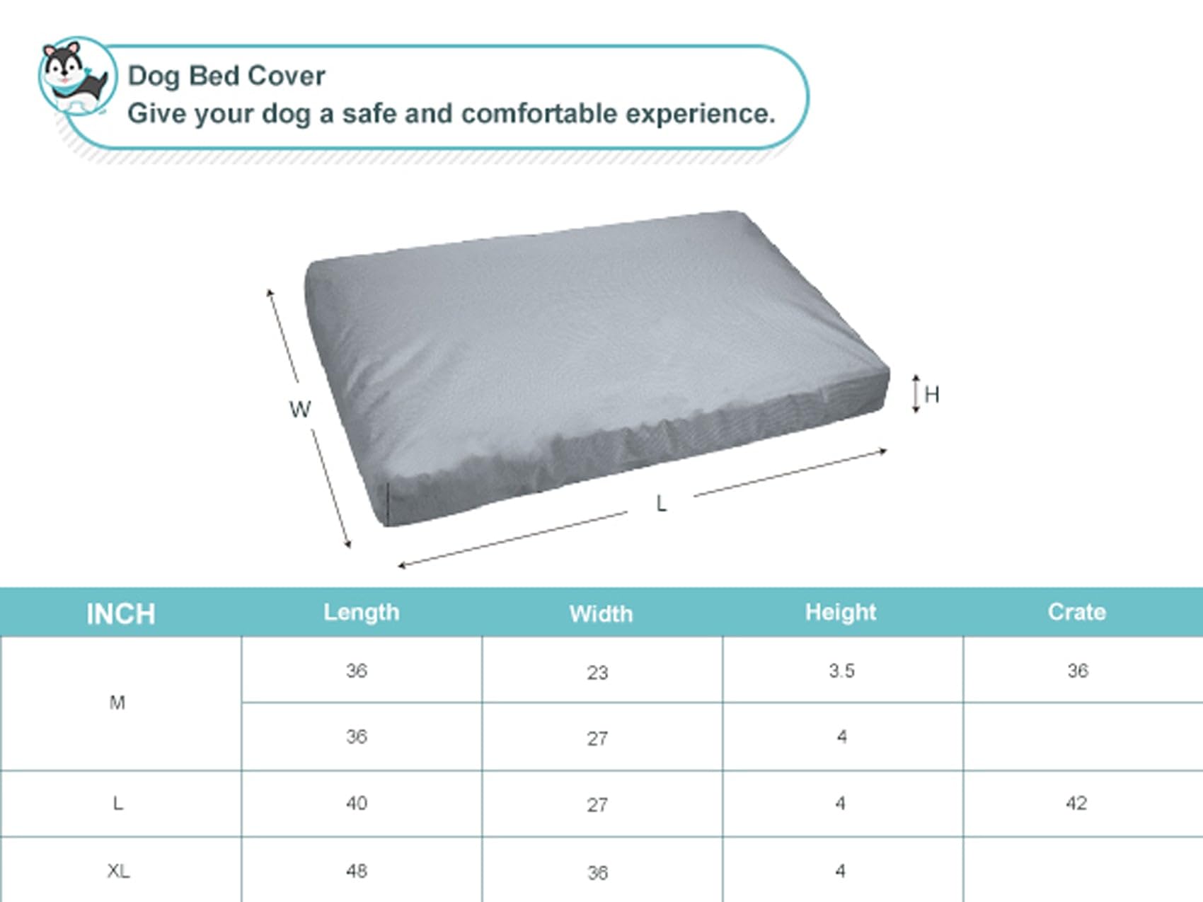 Explore Land Scratch Resistance Dog Bed Cover Canvas Washable Dog Crate Pad Replacement Cover, 36Lx23Wx3.5H Inch, Charcoal
