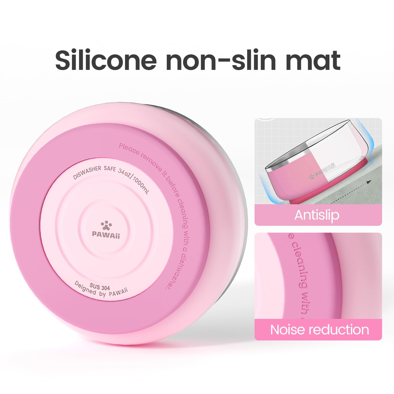 Pawaii Stainless Steel Dog Bowl - 34oz, Durable, Non-Slip Rubber Base, Sakura Pink, Dishwasher Safe, Double Wall Insulation