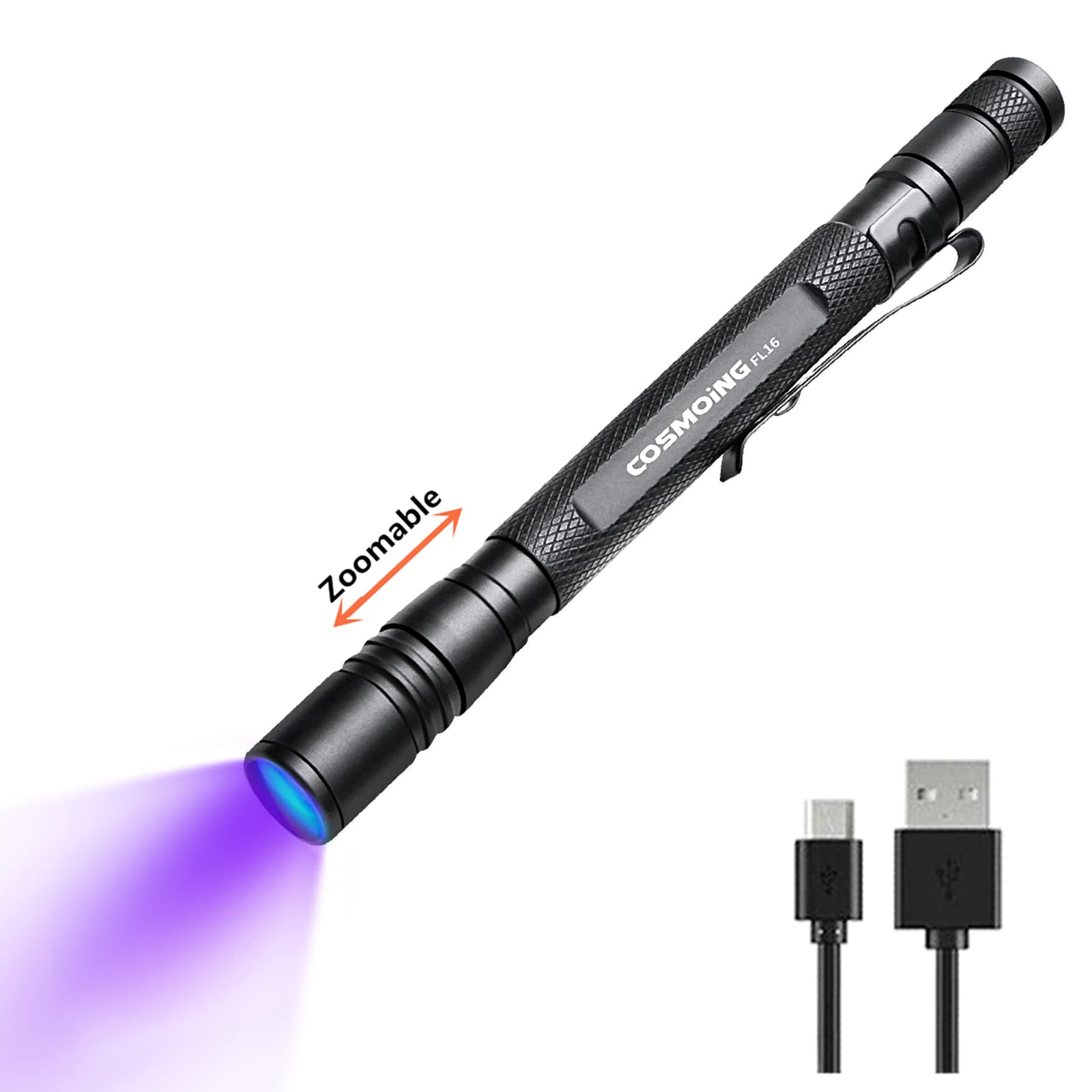 COSMOING UV Flashlight Rechargeable, 395nm Ultraviolet, Zoomable Blacklight Detector for Pet Urine, Cat Dog Stains, Scorpion, Be