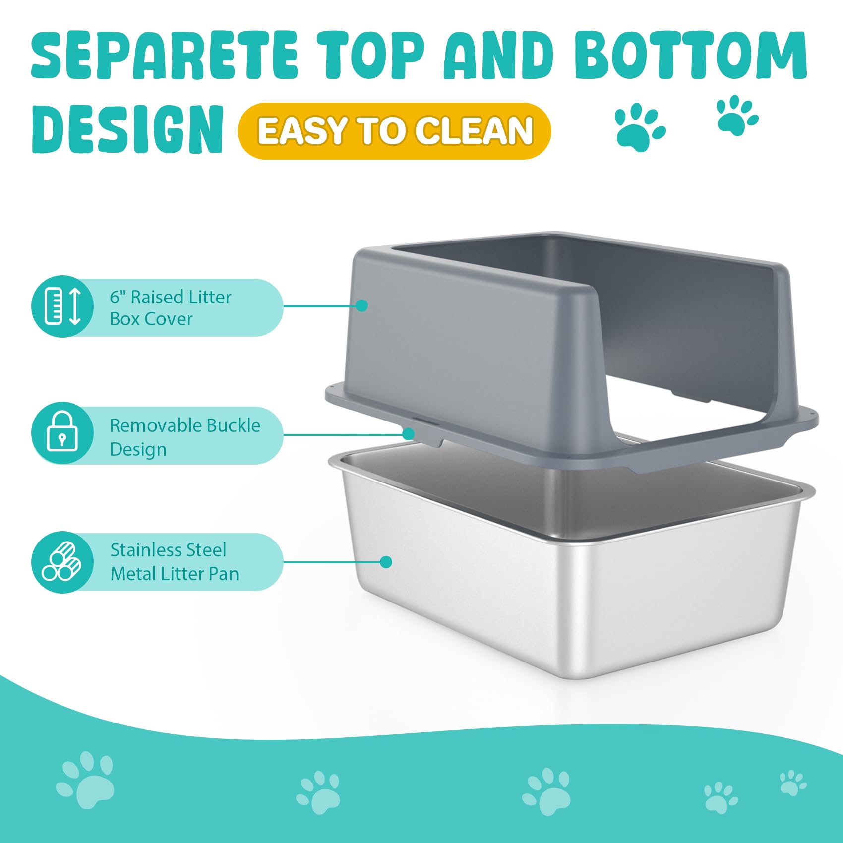 Lihoooom Litter Box With Lid, Stainless Steel Litter Box, 12'' Metal Litter Pan High Sides, Small Litter Tray For Kittens, Cat L