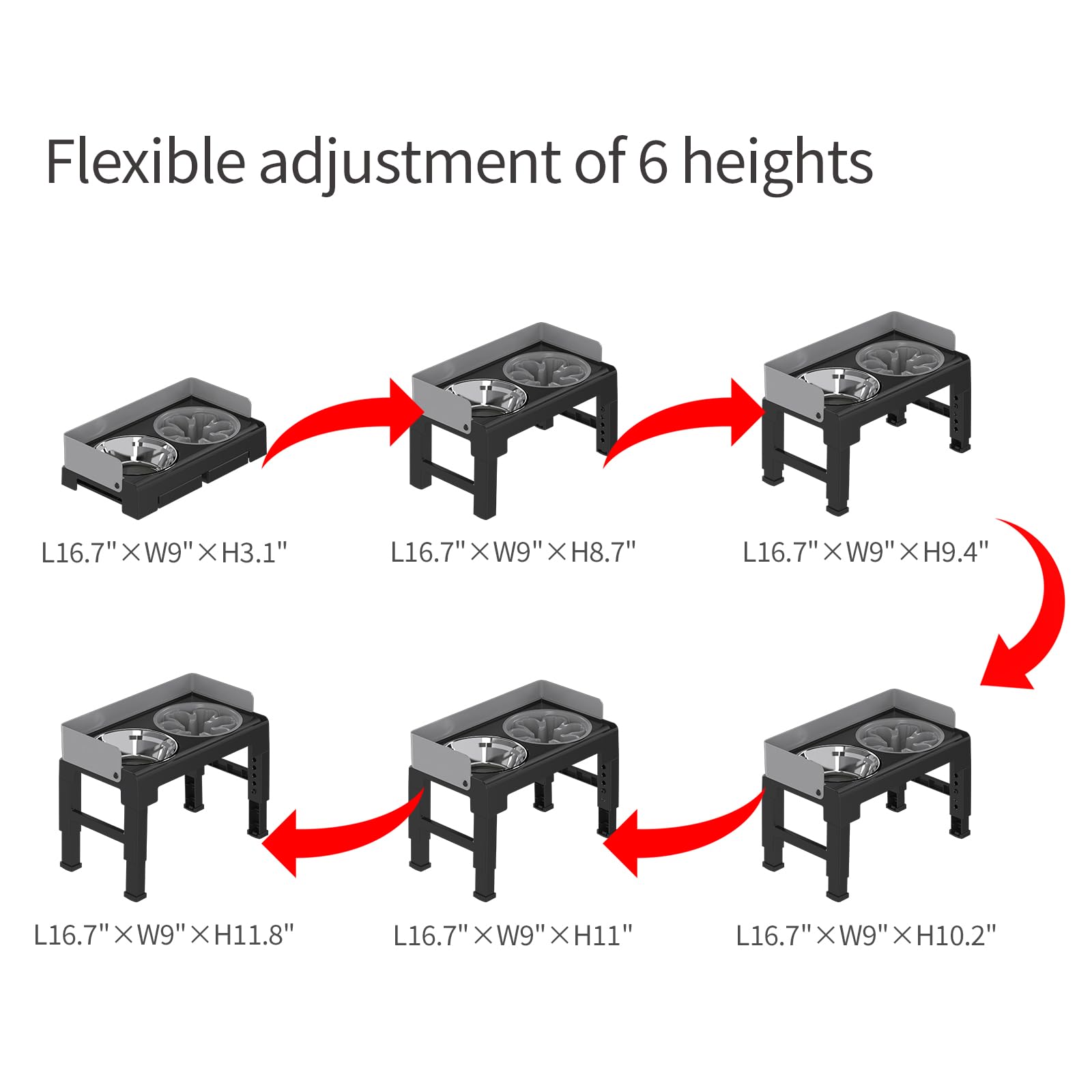 Pakeway Elevated Dog Bowls, Spill Proof, Tiltable Dog Feeder With 1 Stainless Steel Bowl &1 Slow Feeder Bowl, 6 Height Adjustabl