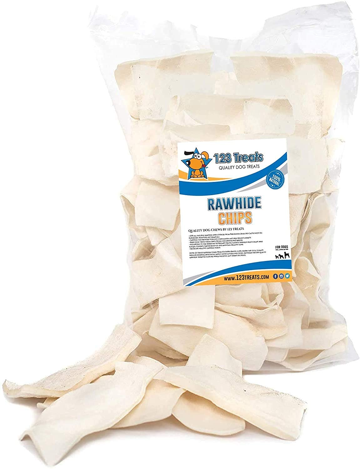 123 Treats Rawhide Chips, Premium Rawhide Dog Chews, Natural Grass Fed Livestock with No Hormones, Additives or Chemicals, Tasty