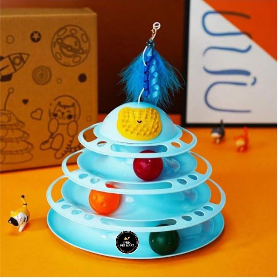 Psk Pet Mart Cat Pickup Ball Toy  4 Level Interactive Cat Track Roller Tower With Plush Ball, Fun And Engaging Activity Toy For