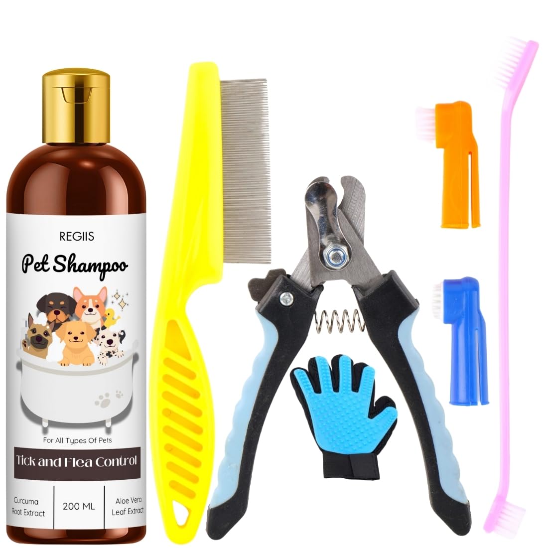 Regiis Pet Grooming Kit With Tick And Flea Control Shampoo, Nail Clippers, Deshedding Glove, Combs, 200Ml(Pack Of 5)