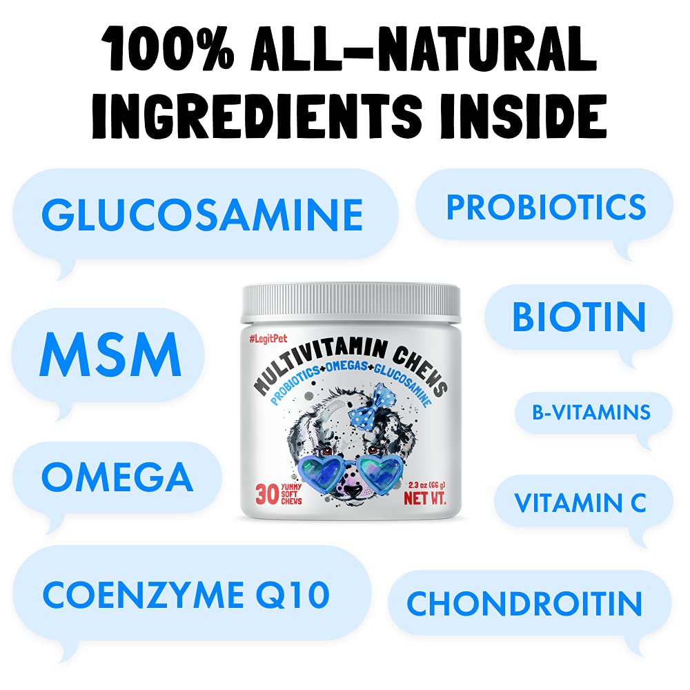 Dog Vitamins - 30 Multivitamins Chews w/Glucosamine Chondroitin, Probiotics Digestive Enzymes and Omegas - Supplement for Overal